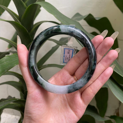 Yingmart 71mm PNJ325769 Certified Natural Color Grey Black White Natural Jadeite Jade Bangle Bracelet, Real Gemstone, Gift for Her Mom