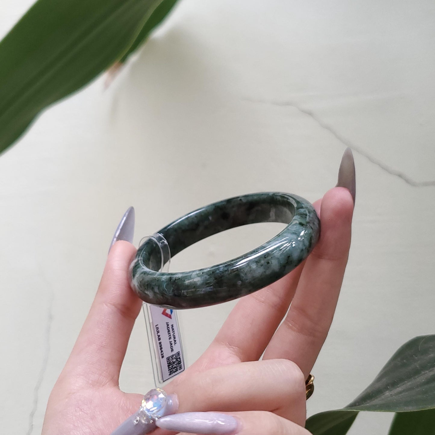 Yingmart 58mm Certified Genuine Type A Dark Green Black White Floating Jadeite Jade Bracelet, Mom Jewelry, Bangle For Her Grandma Sister
