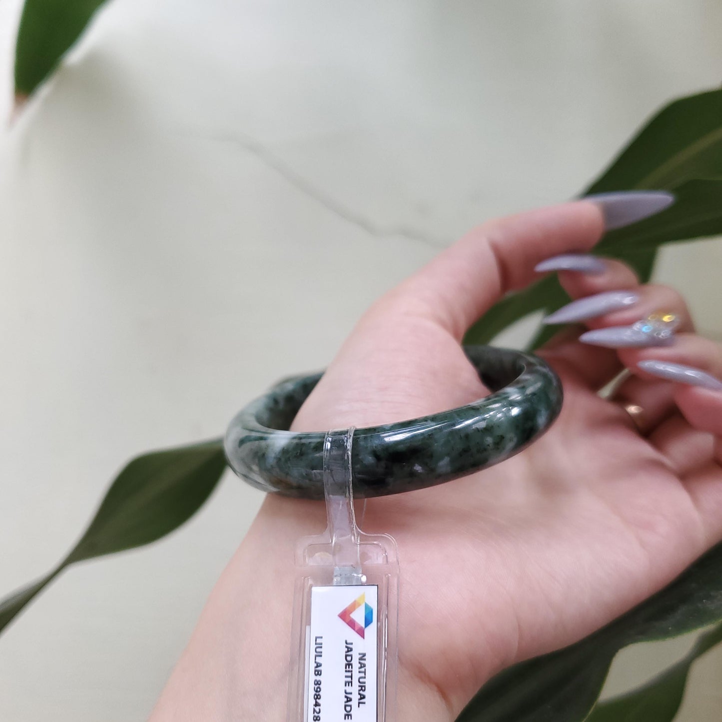 Yingmart 58mm Certified Genuine Type A Dark Green Black White Floating Jadeite Jade Bracelet, Mom Jewelry, Bangle For Her Grandma Sister