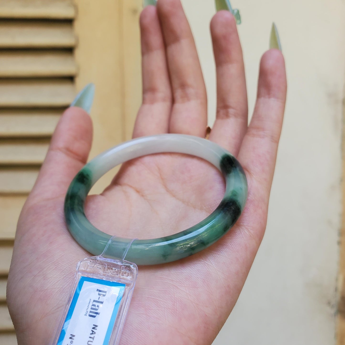 Yingmart 53mm PNJ Certified Natural Color Green Grey White Natural Jadeite Jade Bangle Bracelet, Real Gemstone, Gift for Her, Mom Jewelry