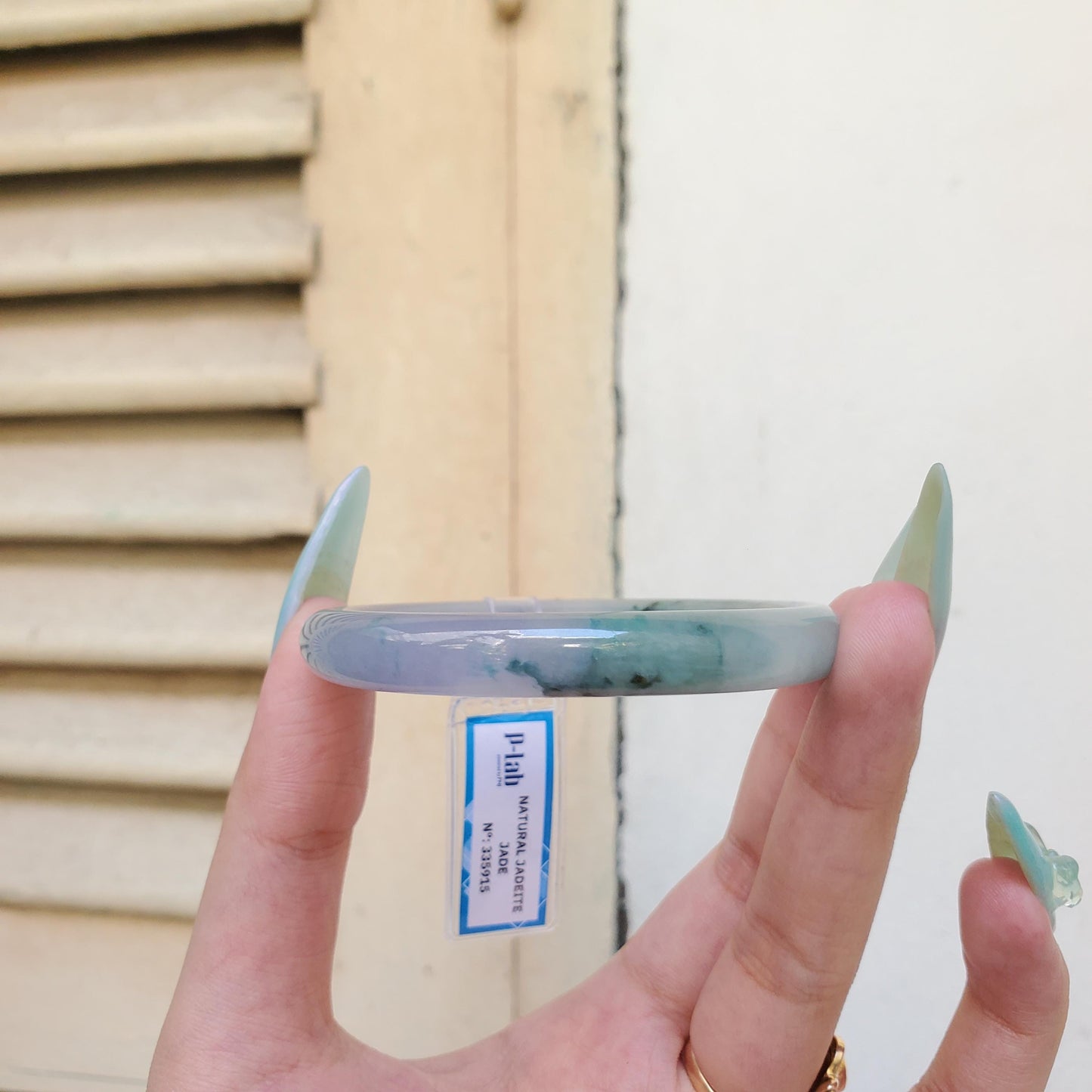 Yingmart 52mm PNJ Certified Natural Color Green Light Purple Natural Jadeite Jade Bangle Bracelet, Real Gemstone, Gift for Her, Mom Sister