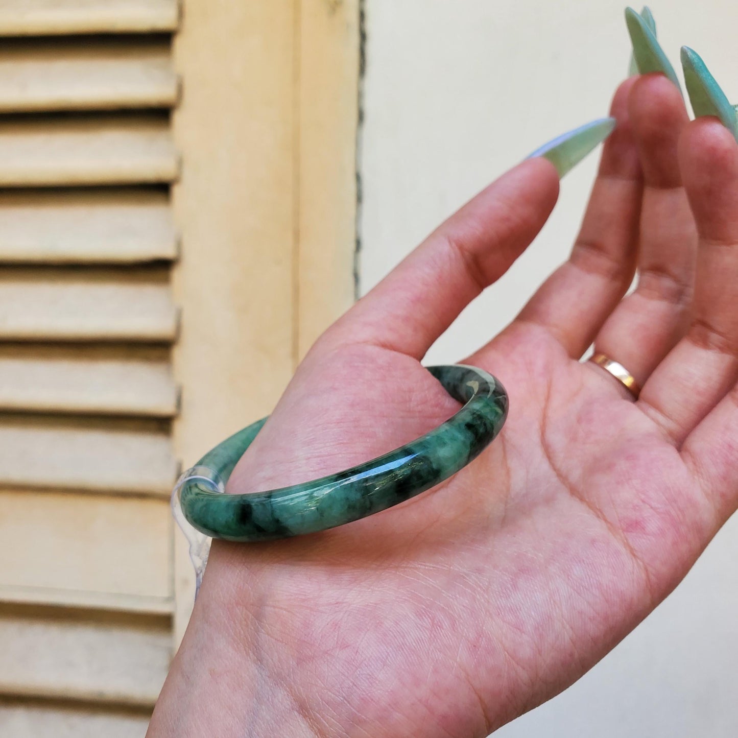 Yingmart 53mm PNJ Certified Natural Color Green White Natural Jadeite Jade Bangle, Real Gemstone, Gift for Her, Bracelet for Sister, Mom