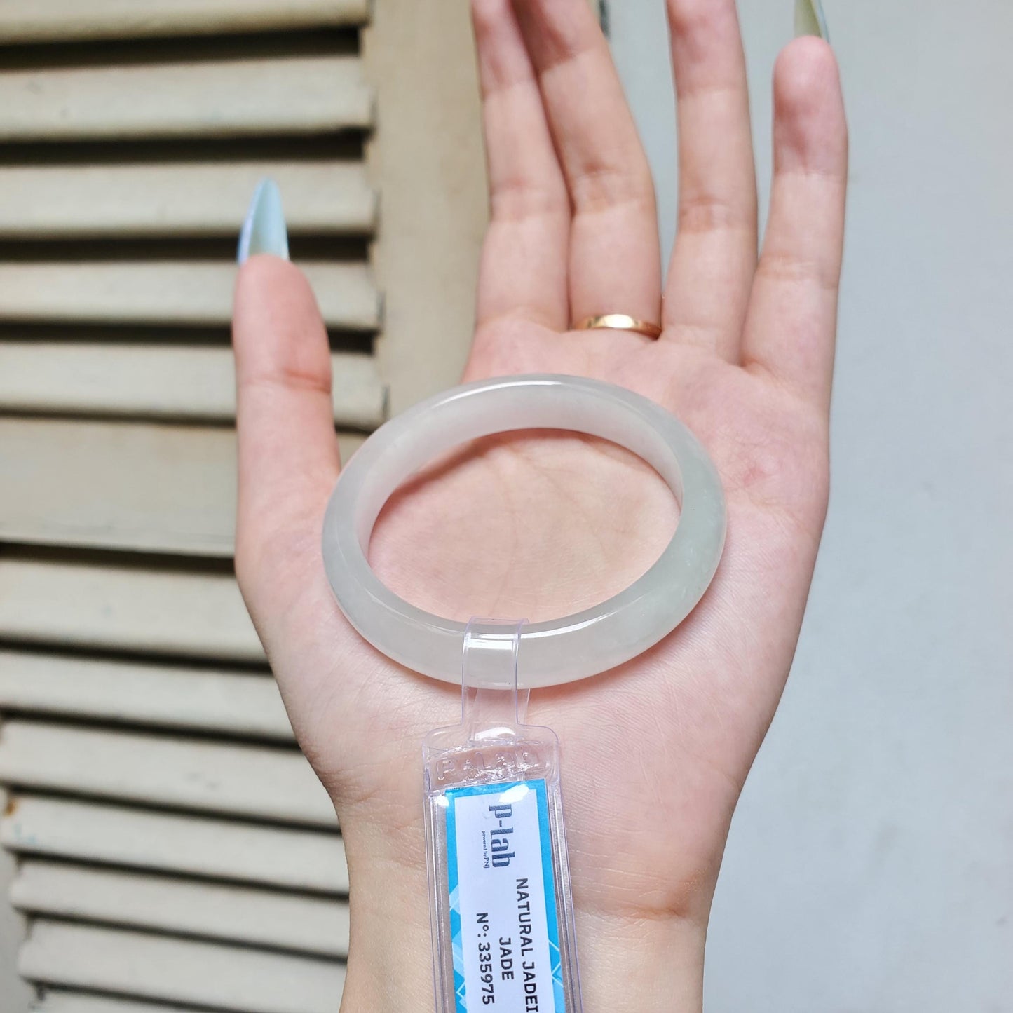 Yingmart 50mm PNJ Certified Natural Color Light Green Grey White Natural Jadeite Jade Bangle Bracelet, Real Gemstone, Gift for Her, Mom