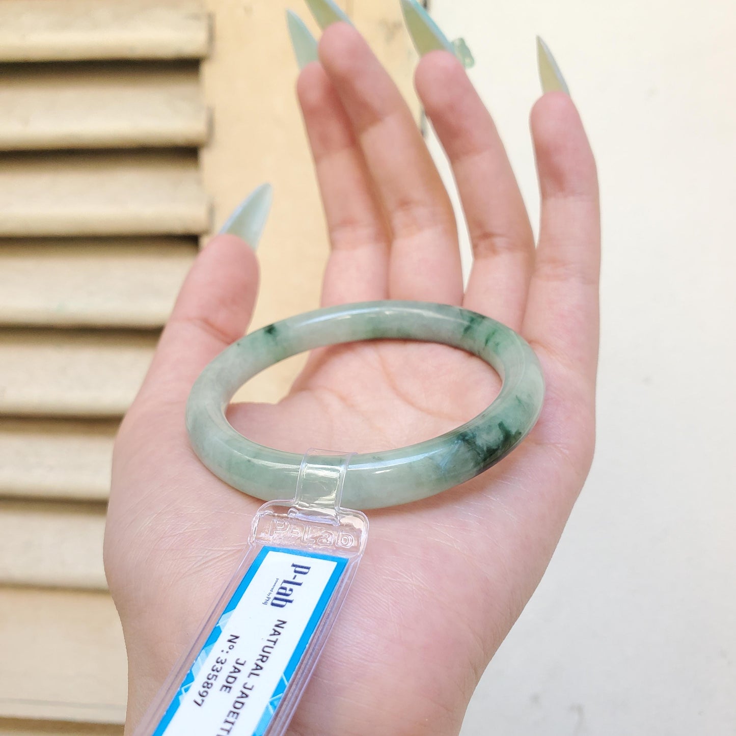 Yingmart 53mm PNJ Certified Natural Color Green Light Green Natural Jadeite Jade Bangle Bracelet, Real Gemstone, Gift for Her Sister Mom