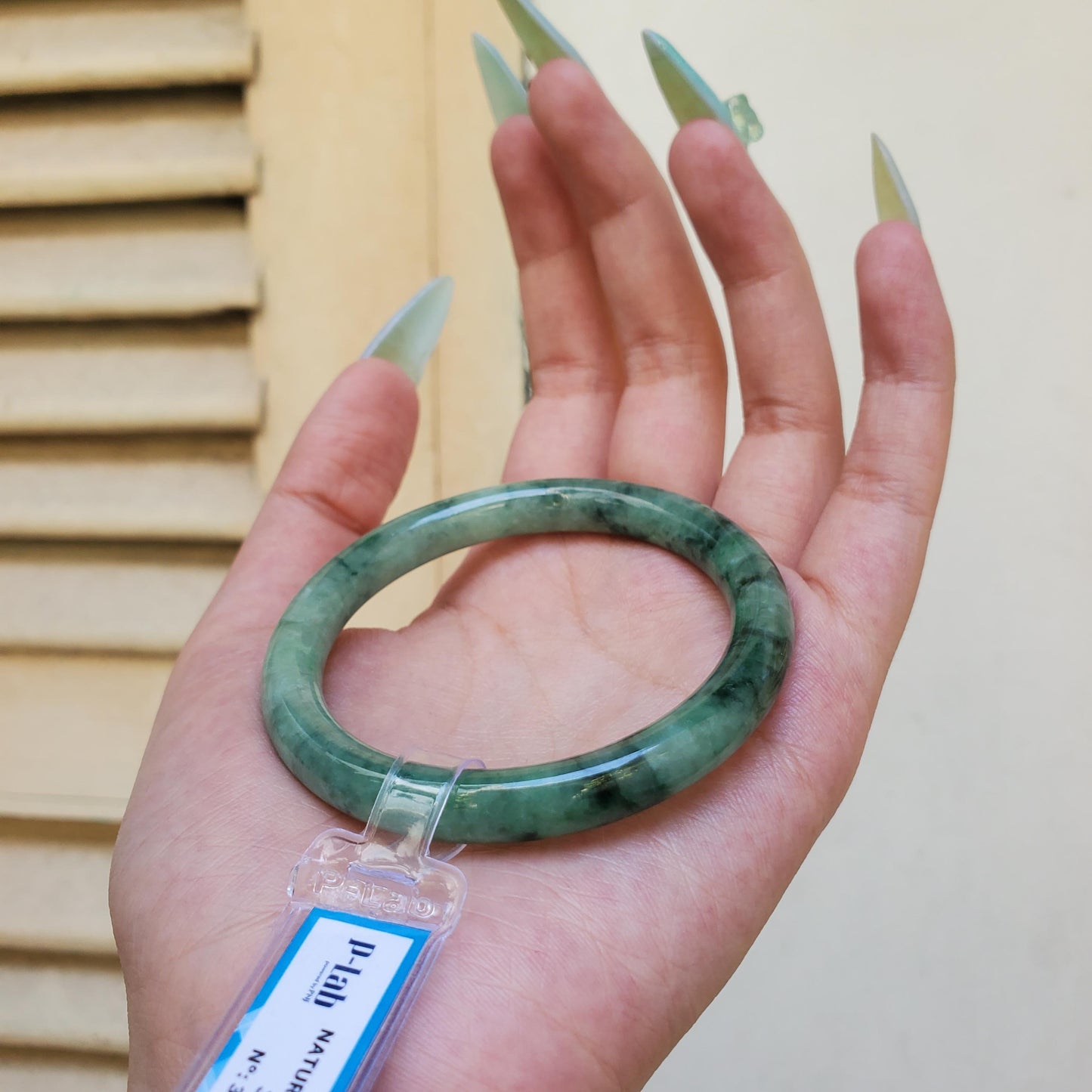 Yingmart 53mm PNJ Certified Natural Color Green White Natural Jadeite Jade Bangle, Real Gemstone, Gift for Her, Bracelet for Sister, Mom