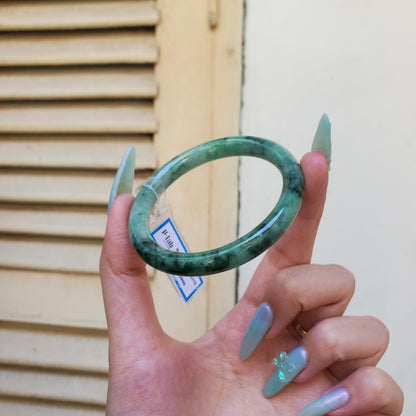 Yingmart 53mm PNJ Certified Natural Color Green White Natural Jadeite Jade Bangle, Real Gemstone, Gift for Her, Bracelet for Sister, Mom