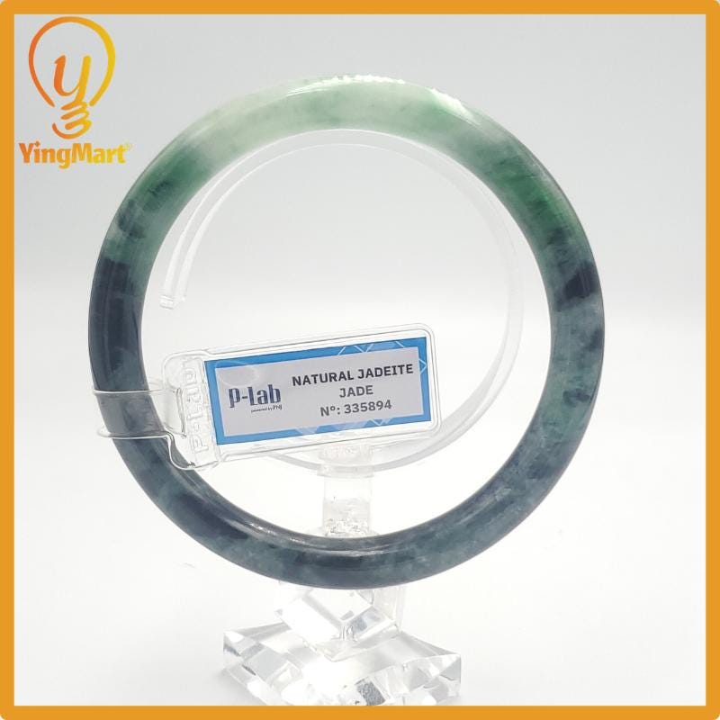 Yingmart 63mm PNJ Certified Natural Color Dark Green Black Natural Jadeite Jade Bangle Bracelet, Real Gemstone Gift for Mom Grandma Sister