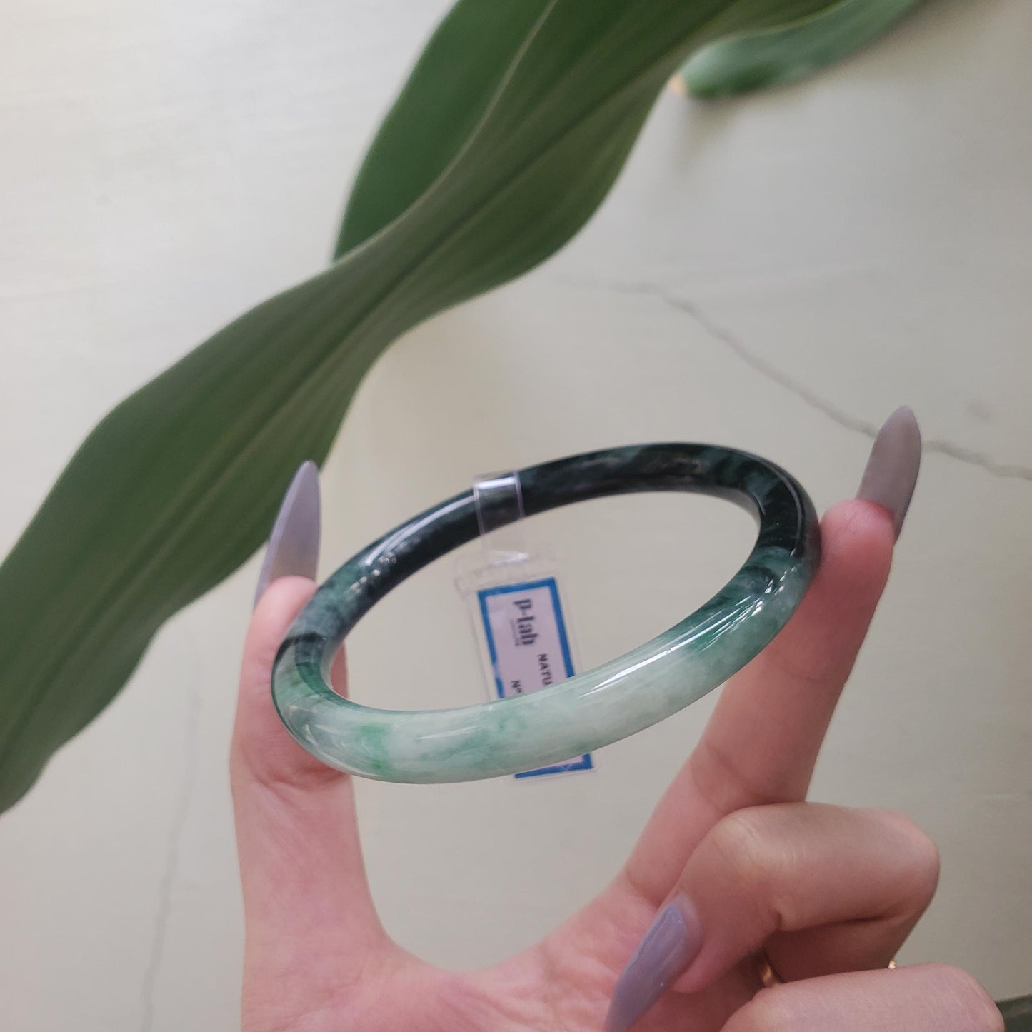 Yingmart 63mm PNJ Certified Natural Color Dark Green Black Natural Jadeite Jade Bangle Bracelet, Real Gemstone Gift for Mom Grandma Sister