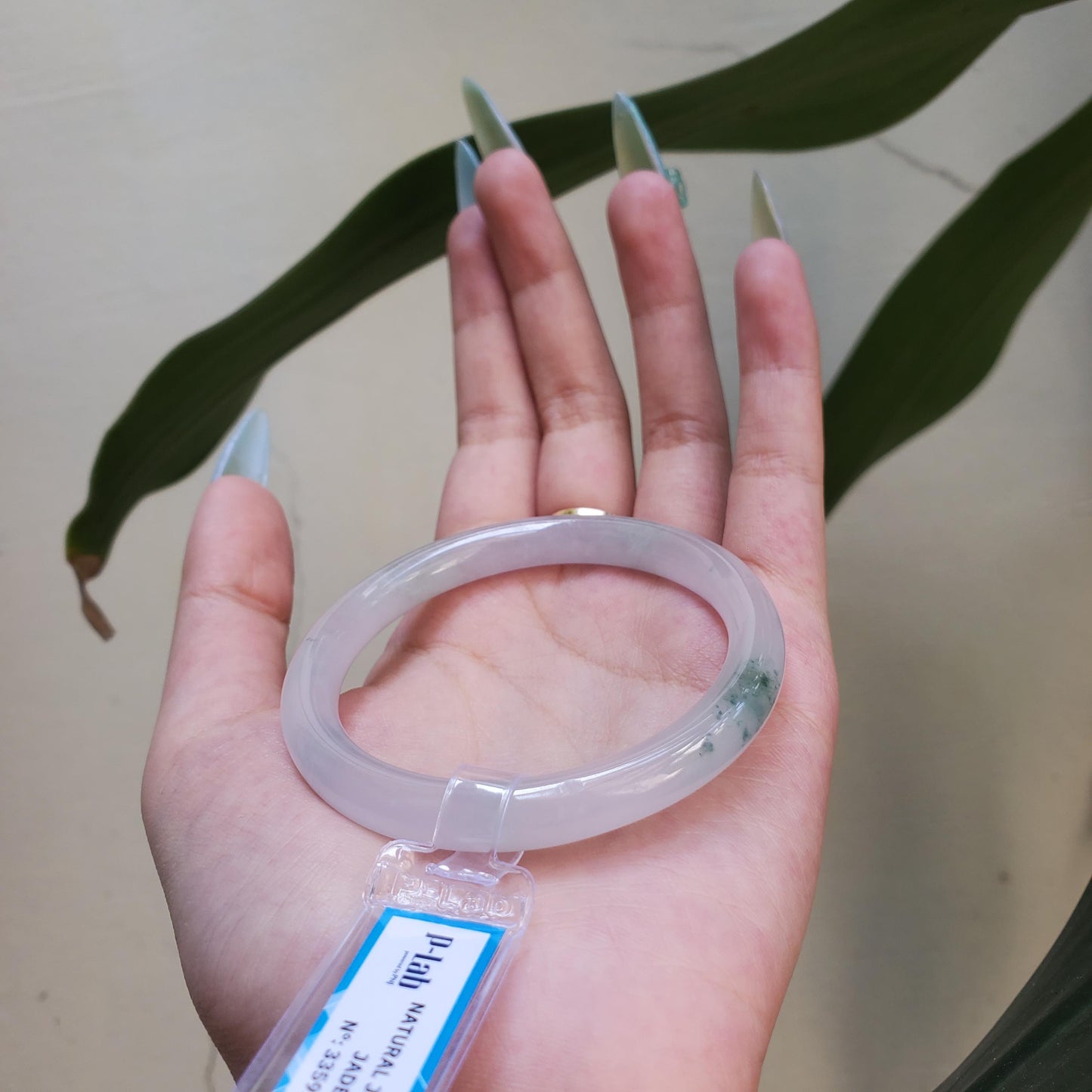 Yingmart 54mm PNJ Certified Natural Color White Grey Light Green Natural Jadeite Jade Bangle Bracelet, Real Gemstone Gift for her Mom Sister