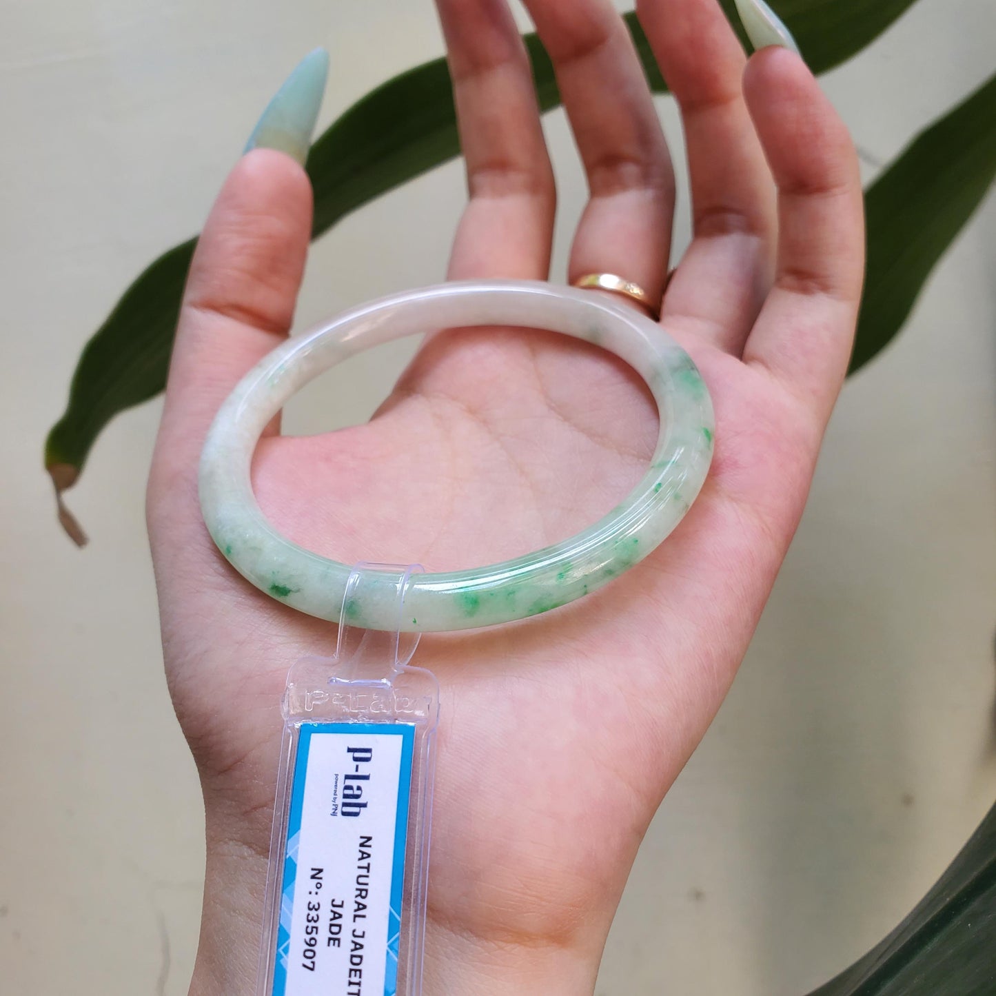 Yingmart 60mm PNJ Certified Natural Color Green Light Green Natural Jadeite Jade Bangle Bracelet, Real Gemstone Gift for Her Mom Sister
