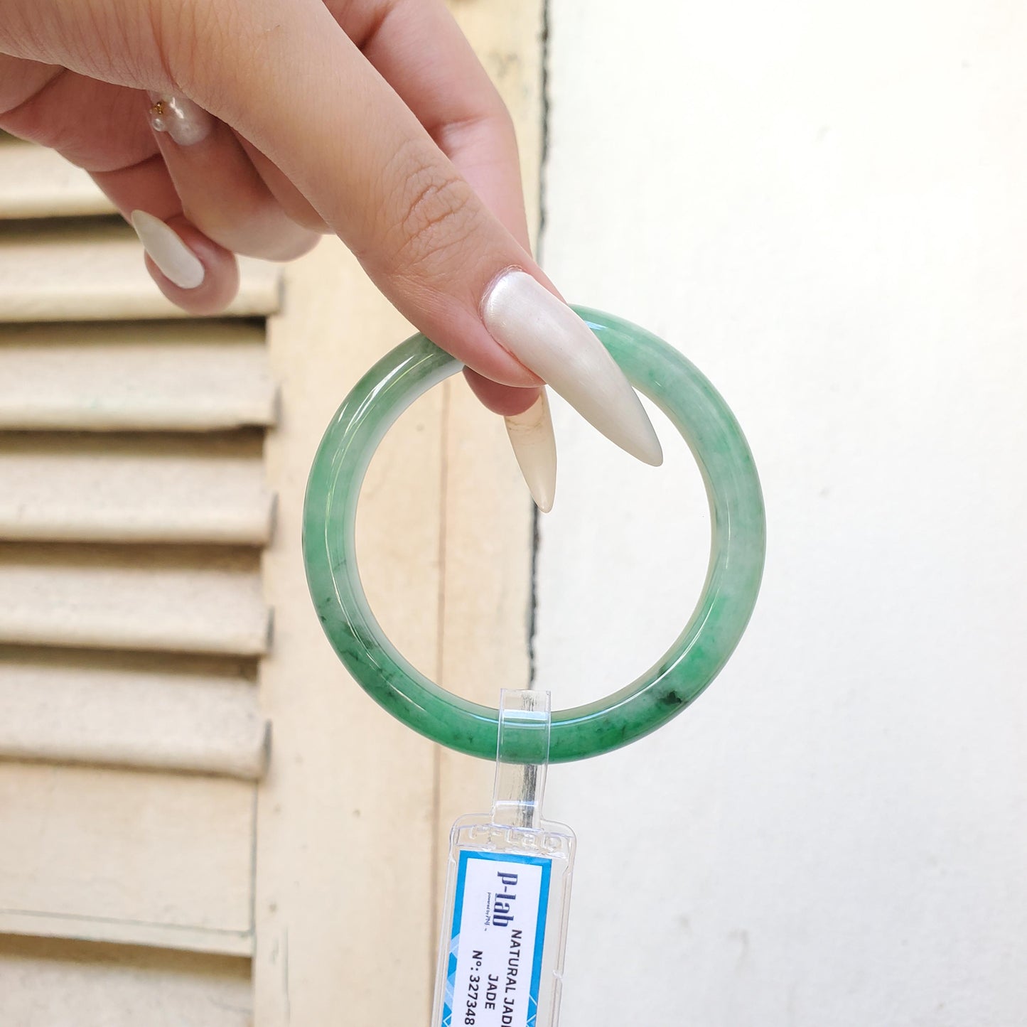 Yingmart 54mm PNJ Certified Natural Color Green White  Natural Jadeite Jade Bangle Bracelet, Real Gemstone Gift for Her Mom Sister Grandma