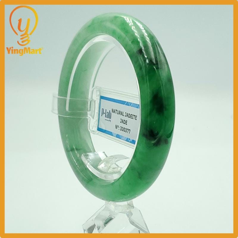 Yingmart 52mm PNJ Certified Natural Color Green White  Natural Jadeite Jade Bangle Bracelet, Real Gemstone Gift for Her Mom Sister Grandma