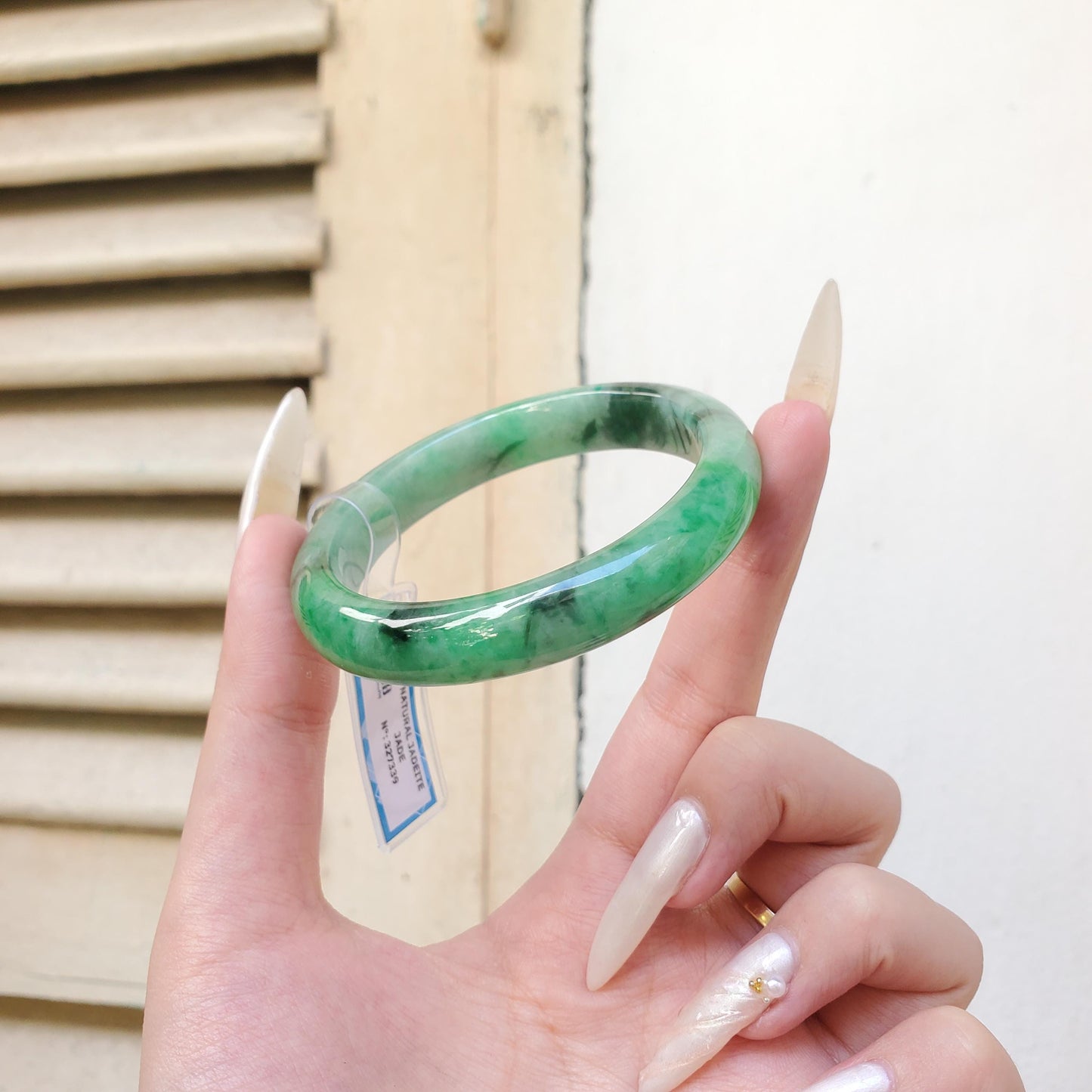 Yingmart 54mm PNJ Certified Natural Color Green White  Natural Jadeite Jade Bangle Bracelet, Real Gemstone Gift for Her Mom Sister Grandma