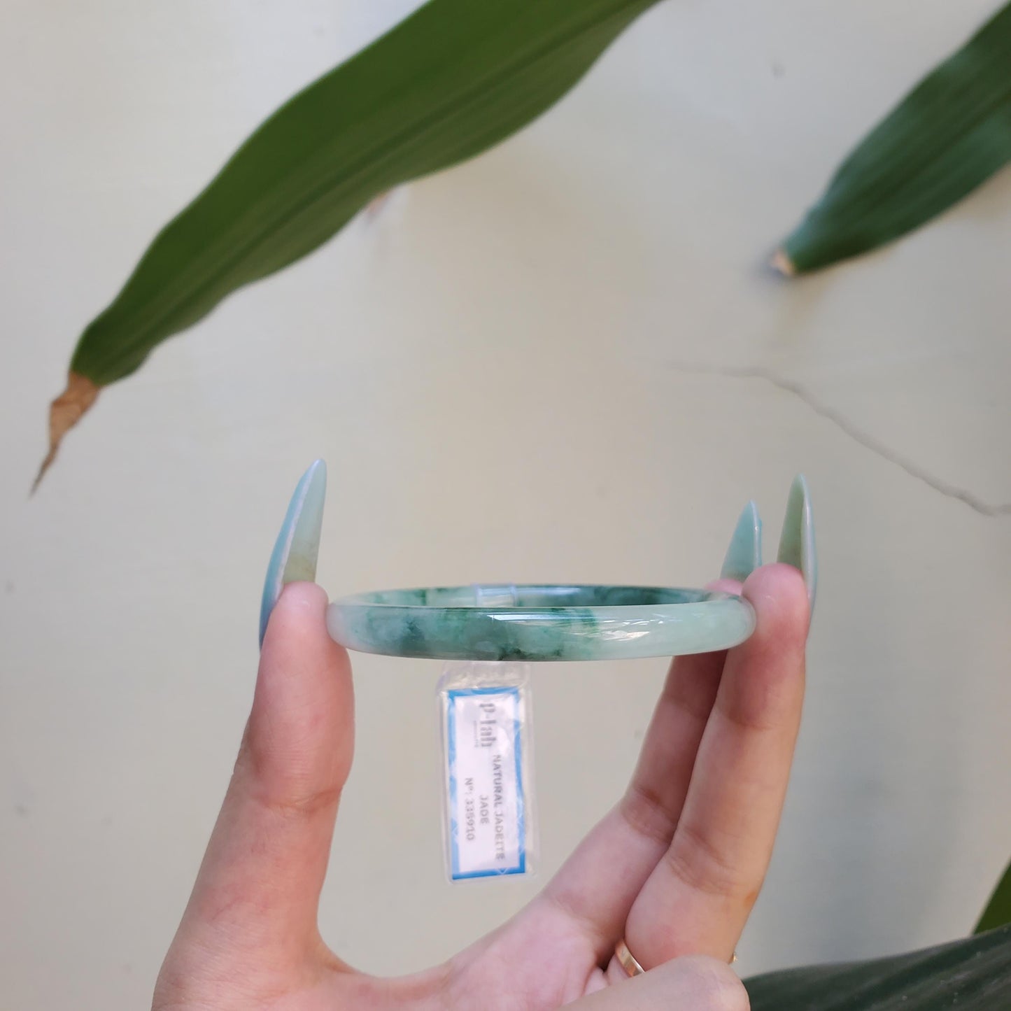 Yingmart 54mm PNJ Certified Natural Color Green Grey White Natural Jadeite Jade Bangle Bracelet, Real Gemstone Gift for Mom Sister Grandma