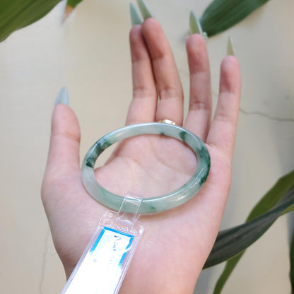 Yingmart 54mm PNJ Certified Natural Color Green Grey White Natural Jadeite Jade Bangle Bracelet, Real Gemstone Gift for Mom Sister Grandma
