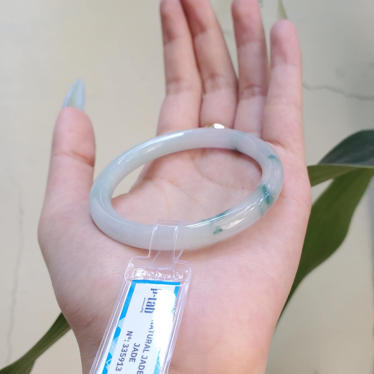 Yingmart 53mm PNJ Certified Natural Color Green White Natural Jadeite Jade Bangle Bracelet, Real Gemstone Gift for Her Mom Sister Grandma