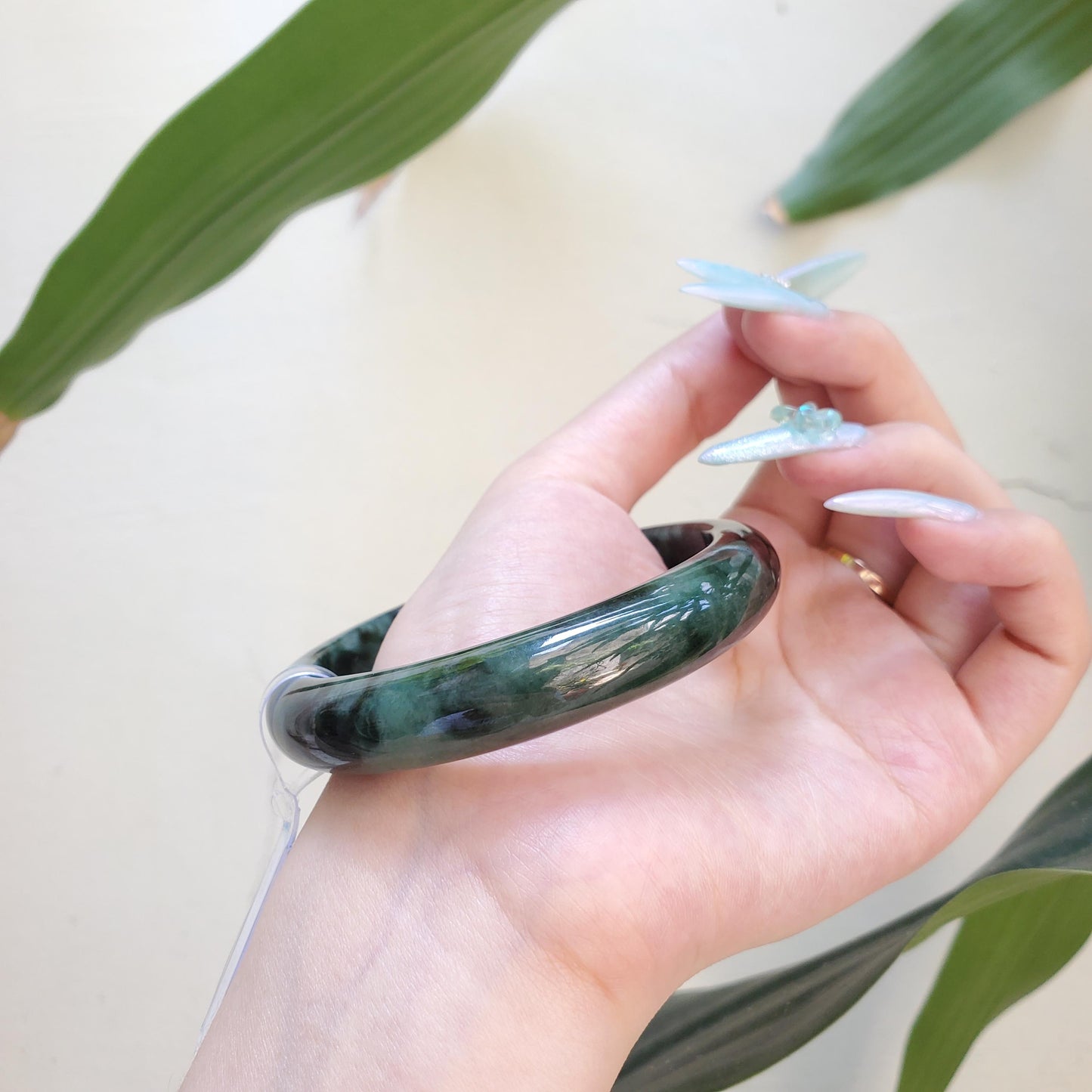 Yingmart 63mm PNJ Certified Natural Color Green Black Natural Jadeite Jade Bangle Bracelet, Real Gemstone Gift for Her Mom Sister Grandma