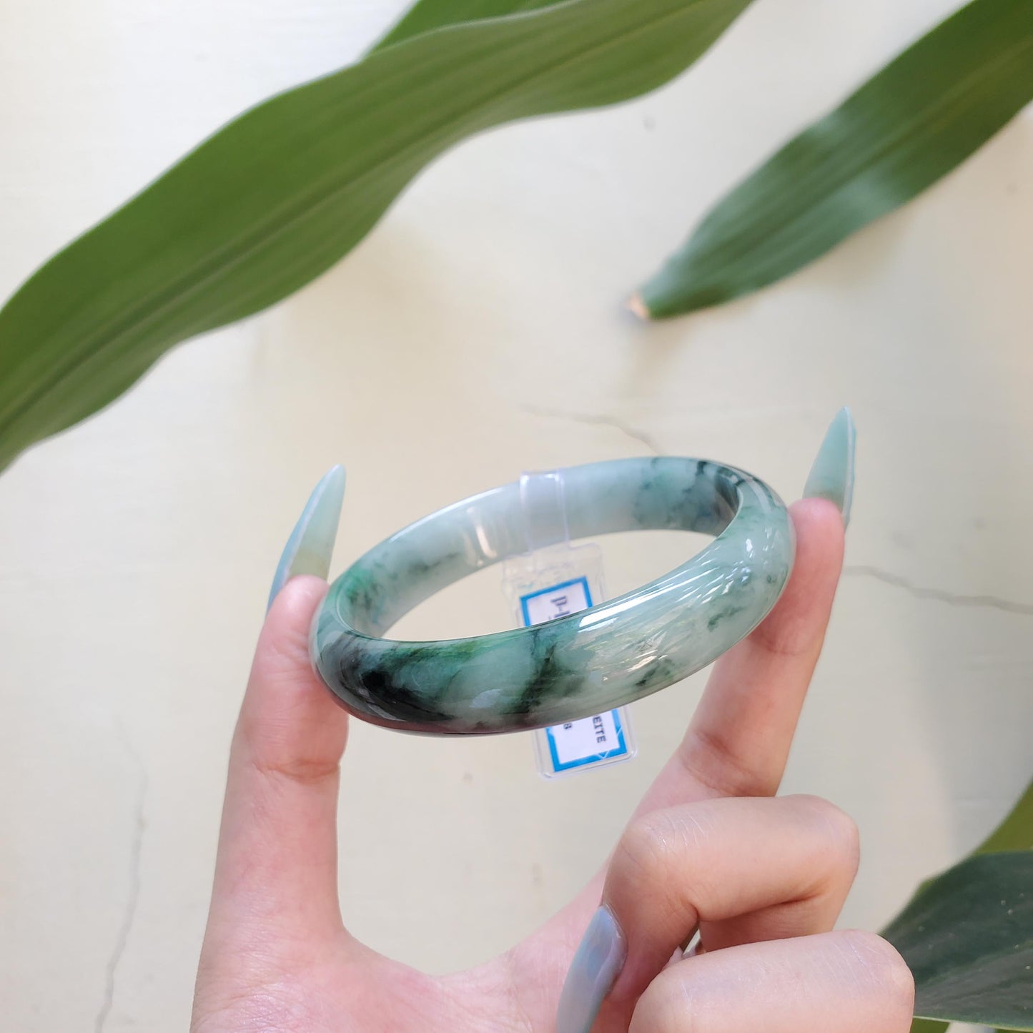 Yingmart 63mm PNJ Certified Natural Color Green White Black Natural Jadeite Jade Bangle Bracelet, Real Gemstone Gift for Mom Sister Grandma