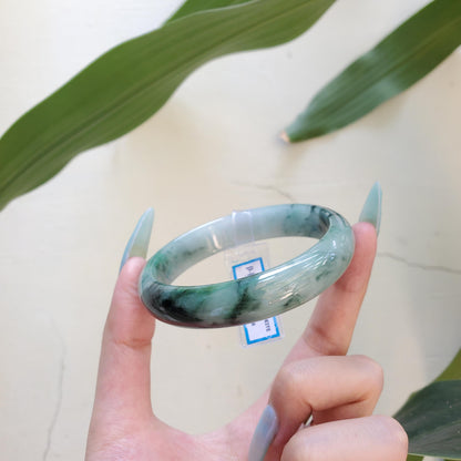 Yingmart 63mm PNJ Certified Natural Color Green White Black Natural Jadeite Jade Bangle Bracelet, Real Gemstone Gift for Mom Sister Grandma