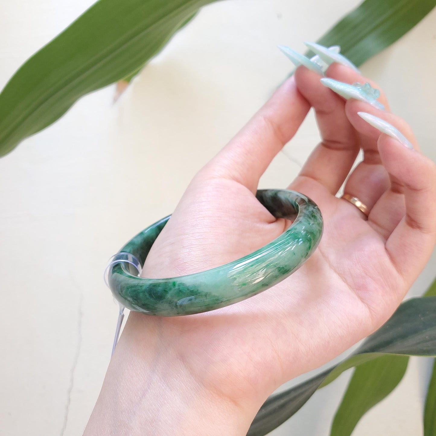 Yingmart 65mm PNJ Certified Natural Color Green White Black Natural Jadeite Jade Bangle Bracelet, Real Gemstone Gift for Mom Sister Grandma
