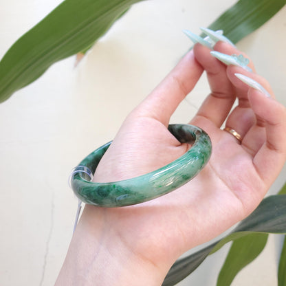 Yingmart 65mm PNJ Certified Natural Color Green White Black Natural Jadeite Jade Bangle Bracelet, Real Gemstone Gift for Mom Sister Grandma