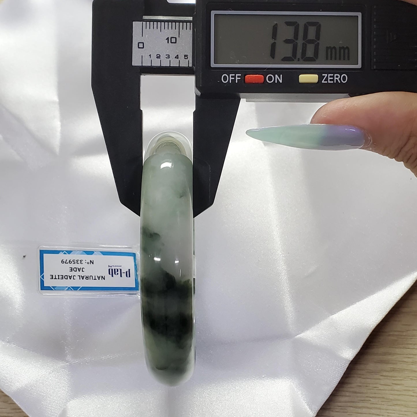 Yingmart 63mm PNJ Certified Natural Color White Grey Green Natural Jadeite Jade Bangle Bracelet, Real Gemstone Gift for Mom Sister Grandma