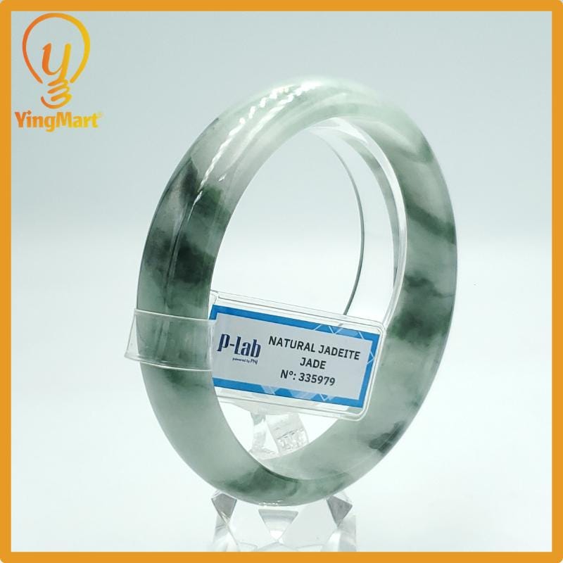 Yingmart 63mm PNJ Certified Natural Color White Grey Green Natural Jadeite Jade Bangle Bracelet, Real Gemstone Gift for Mom Sister Grandma