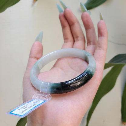 Yingmart 63mm PNJ Certified Natural Color Green White Black Natural Jadeite Jade Bangle Bracelet, Real Gemstone Gift for Mom Sister Grandma