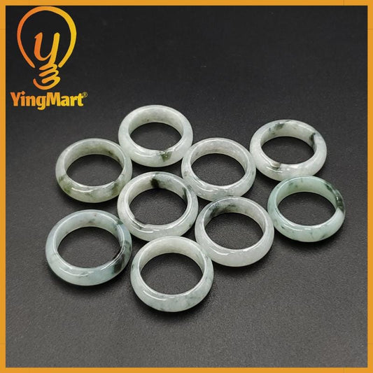 Yingmart 16 mm Genuine Grey White Green Natural Type A Jadeite Ring, Burmese Myanmar Gemstones, Real Gemstone Ring, Vintage Jewelry
