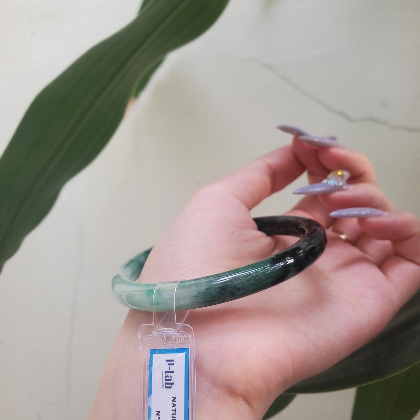 Yingmart 63mm PNJ Certified Natural Color Dark Green Black Natural Jadeite Jade Bangle Bracelet, Real Gemstone Gift for Mom Grandma Sister