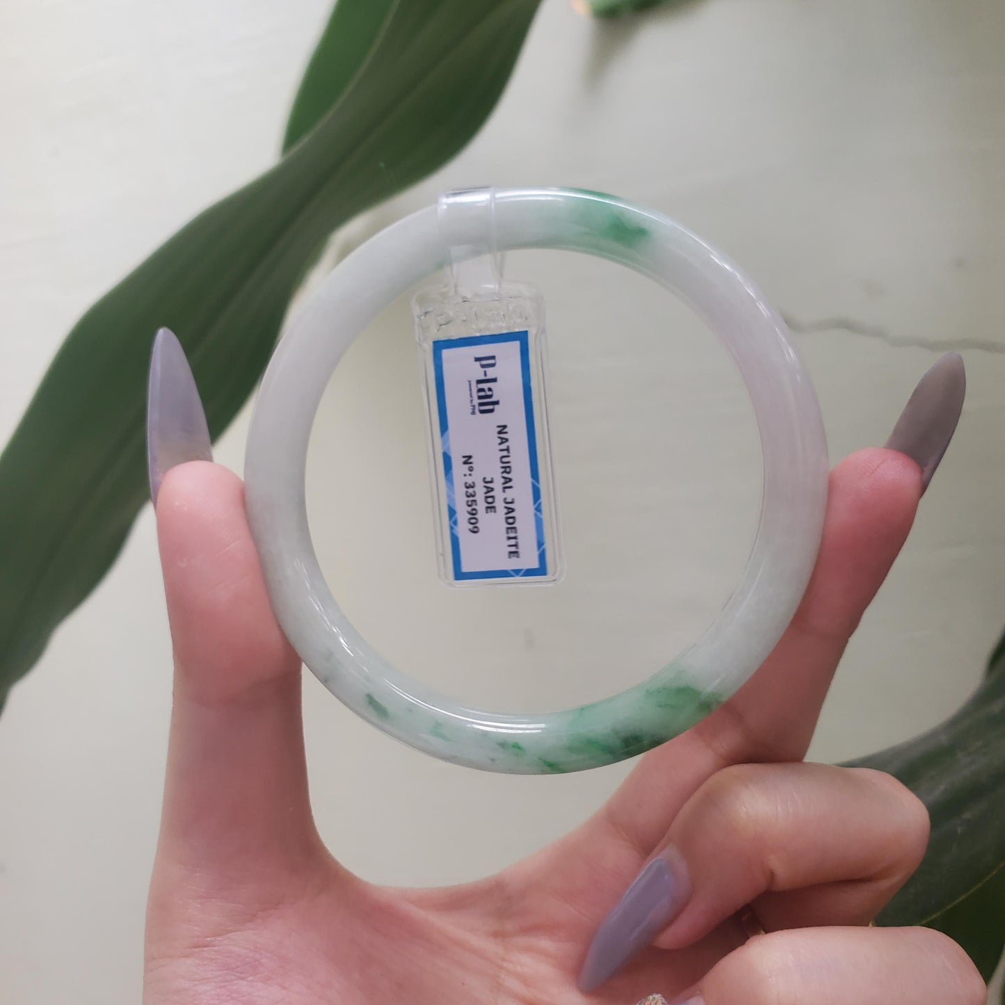 Yingmart 62mm PNJ Certified Natural Color Green White  Natural Jadeite Jade Bangle Bracelet, Real Gemstone Gift for Her Mom Grandma Sister