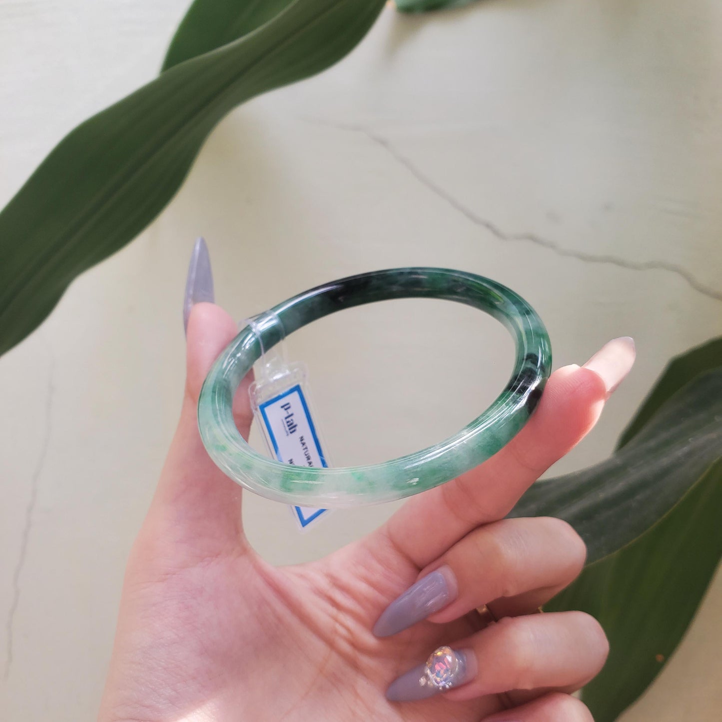 Yingmart 64mm PNJ Certified Natural Color Green Black Dark Green Natural Jadeite Jade Bangle Bracelet, Real Gemstone Gift for Her Mom Sister