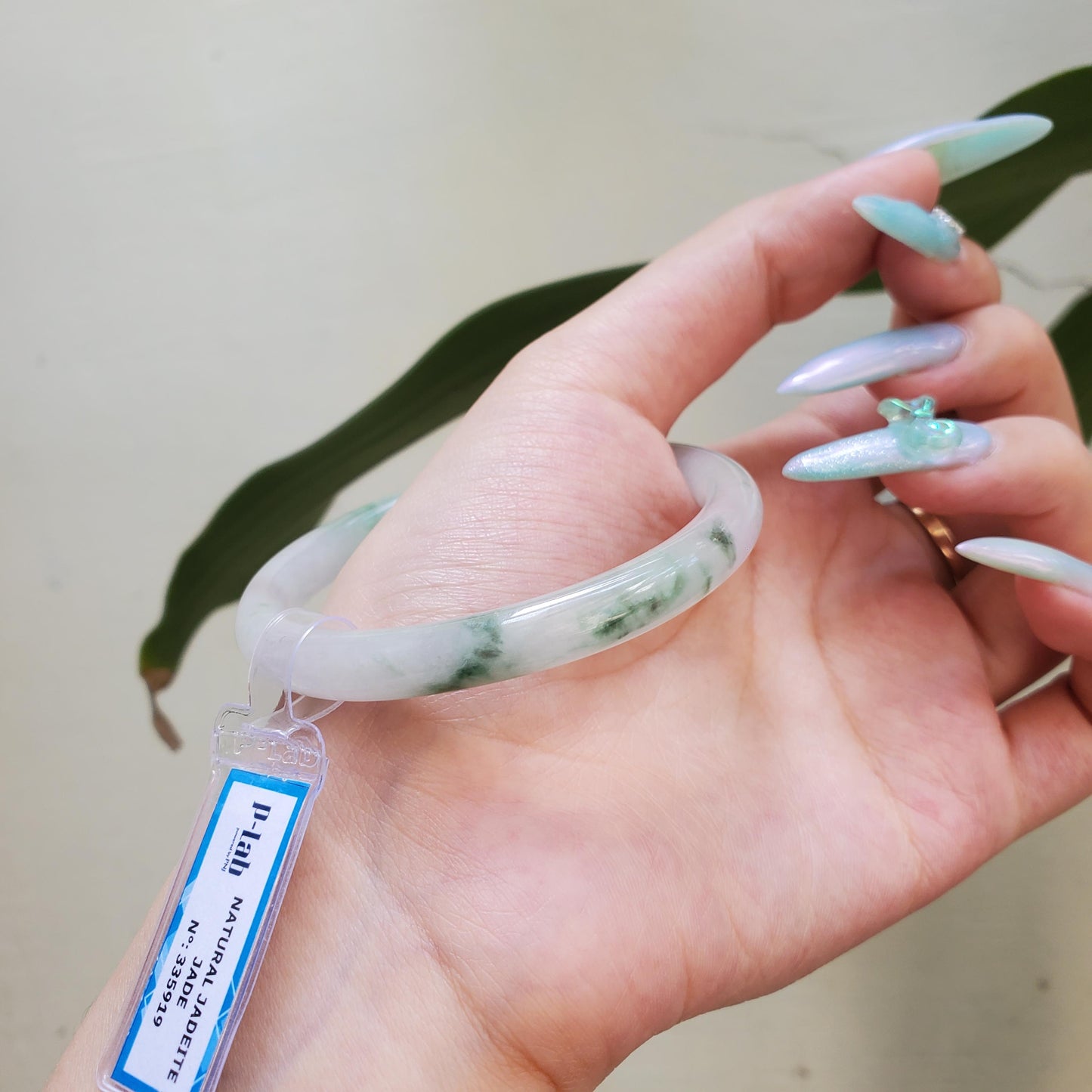 Yingmart 55mm PNJ Certified Natural Color Green Light Green White Natural Jadeite Jade Bangle Bracelet, Real Gemstone Gift for Mom Sister