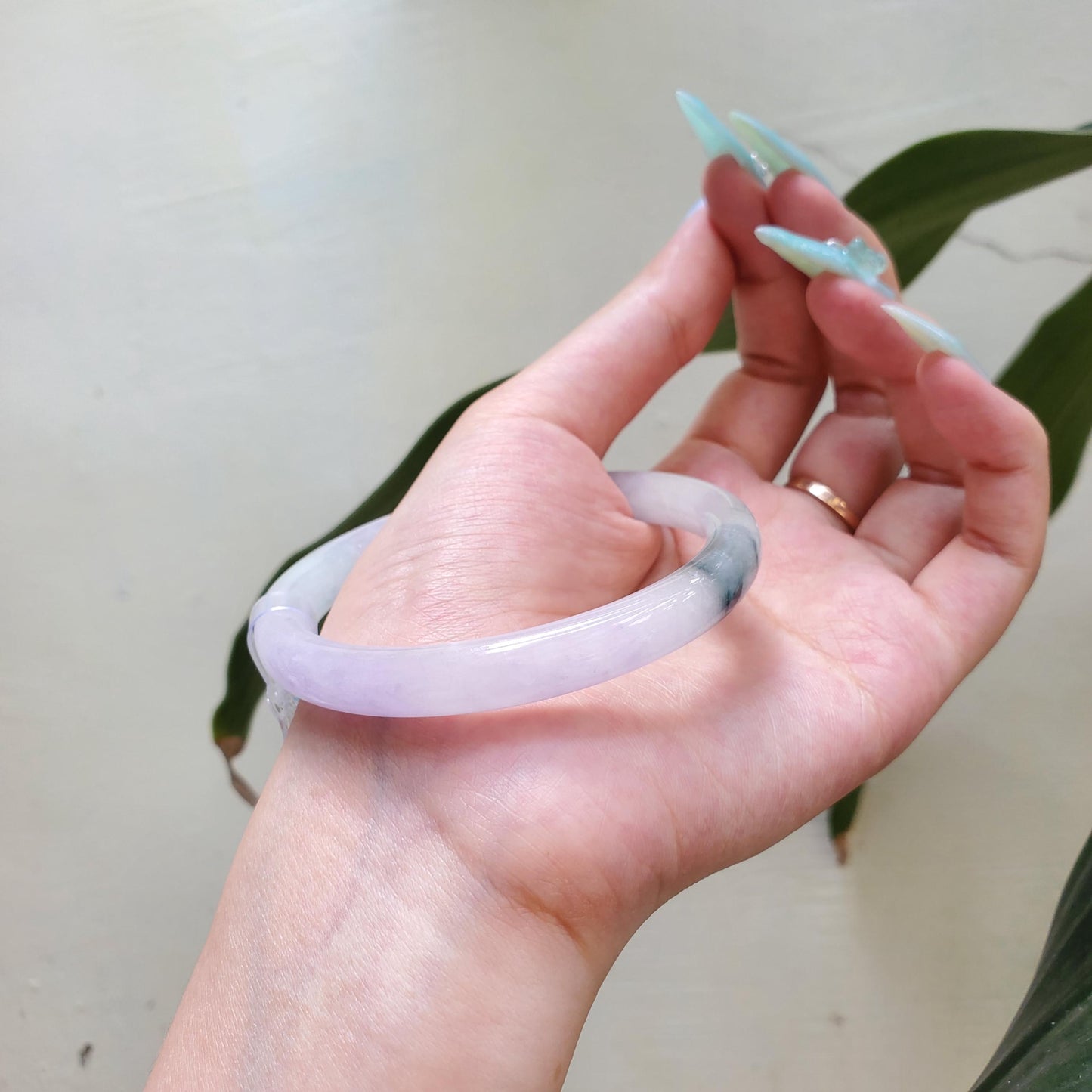 Yingmart 60mm PNJ Certified Natural Color Light Green Light Purple White Green Natural Jadeite Jade Bangle Bracelet, Real Gemstone Gift