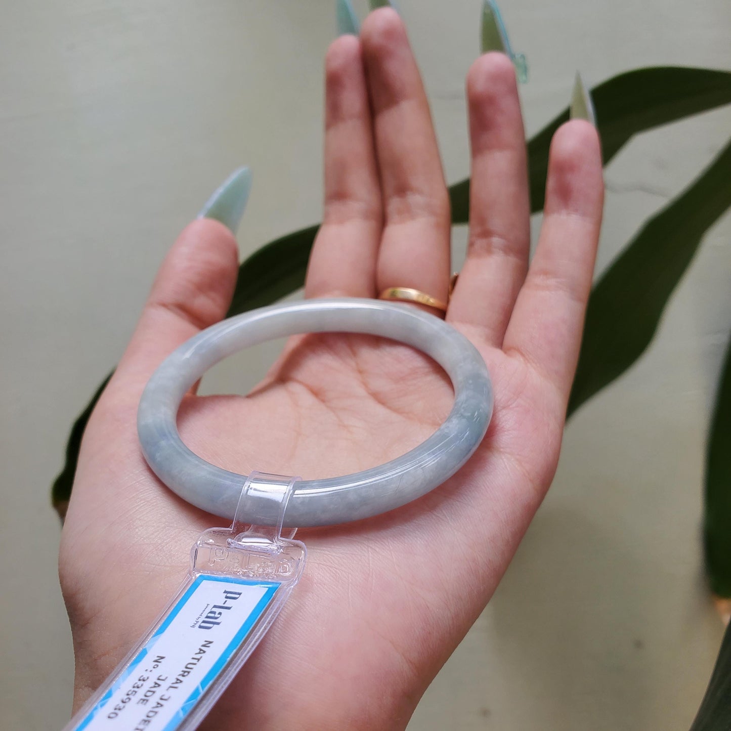 Yingmart 53mm PNJ Certified Natural Color Light Green Grey Light Purple Natural Jadeite Jade Bangle Bracelet, Real Gemstone Gift for Her Mom