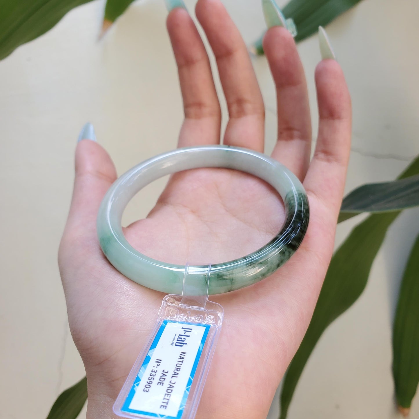 Yingmart 58mm PNJ Certified Natural Color Black Green White Natural Jadeite Jade Bangle Bracelet, Real Gemstone Gift for Her Mom Sister