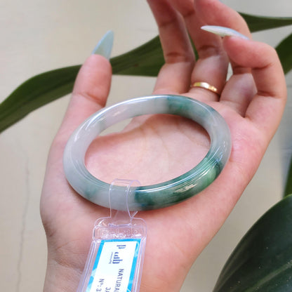 Yingmart 53mm PNJ Certified Natural Color Dark Green Green White Natural Jadeite Jade Bangle Bracelet, Real Gemstone Gift for Her Mom Sister