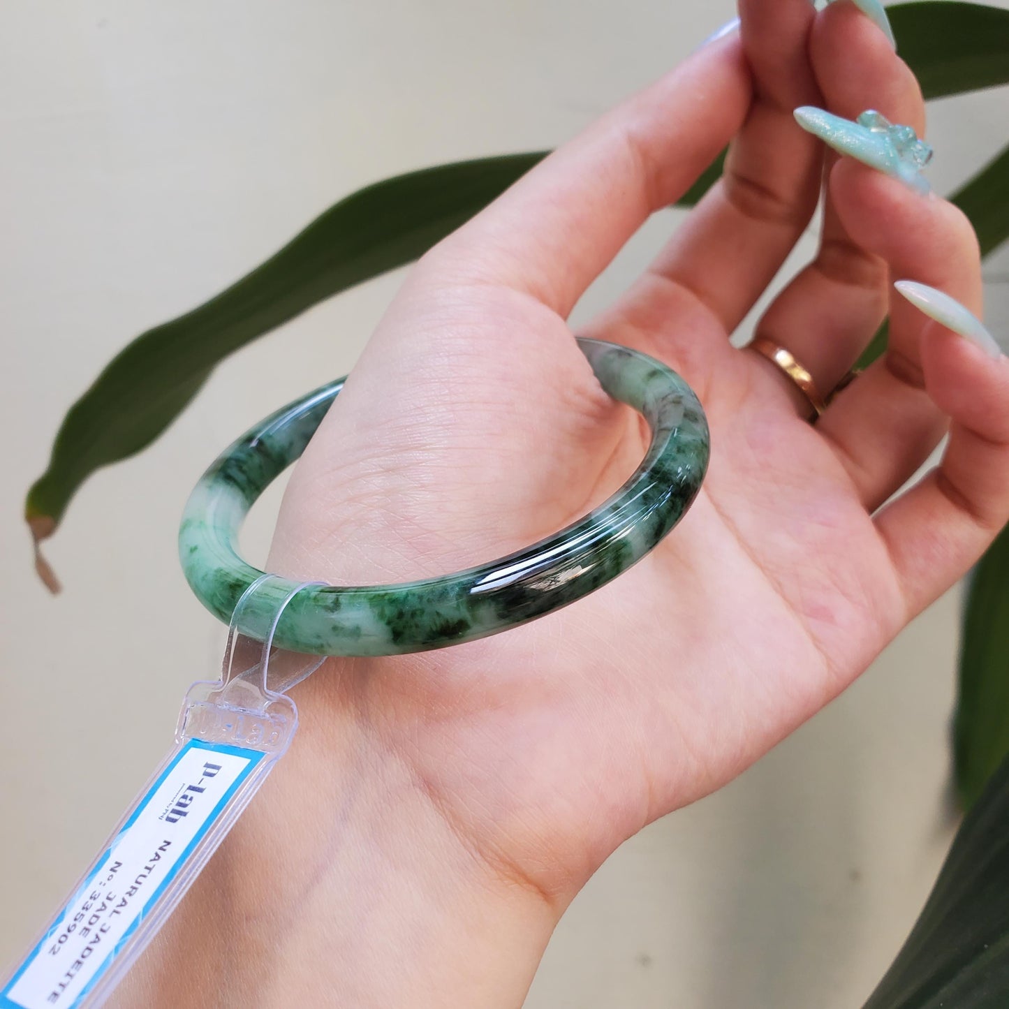 Yingmart 59mm PNJ Certified Natural Color Dark Green Grey White Natural Jadeite Jade Bangle Bracelet, Real Gemstone Gift for Her Mom Sister