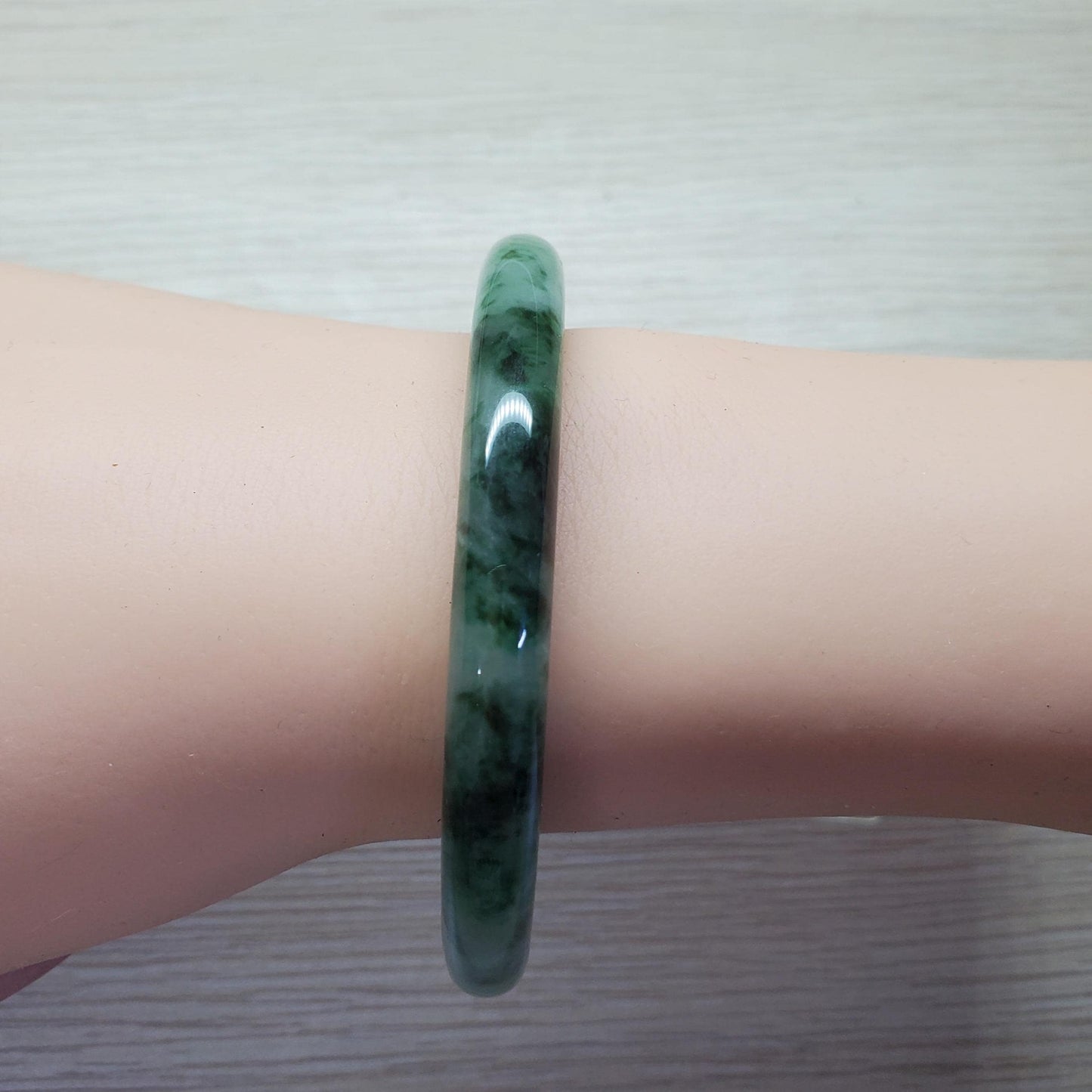Yingmart 59mm PNJ Certified Natural Color Dark Green Grey White Natural Jadeite Jade Bangle Bracelet, Real Gemstone Gift for Her Mom Sister