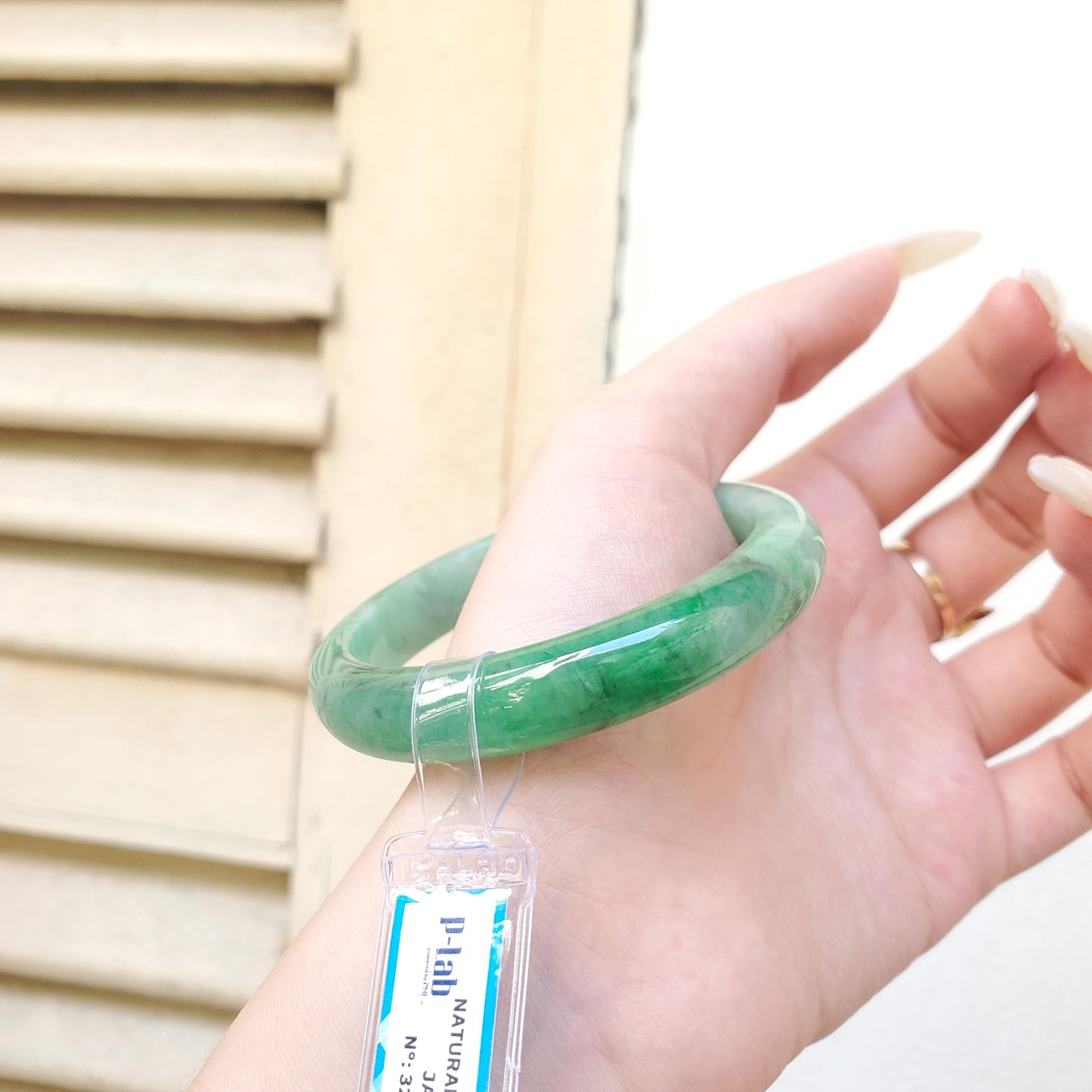 Yingmart 54mm PNJ Certified Natural Color Green White  Natural Jadeite Jade Bangle Bracelet, Real Gemstone Gift for Her Mom Sister Grandma