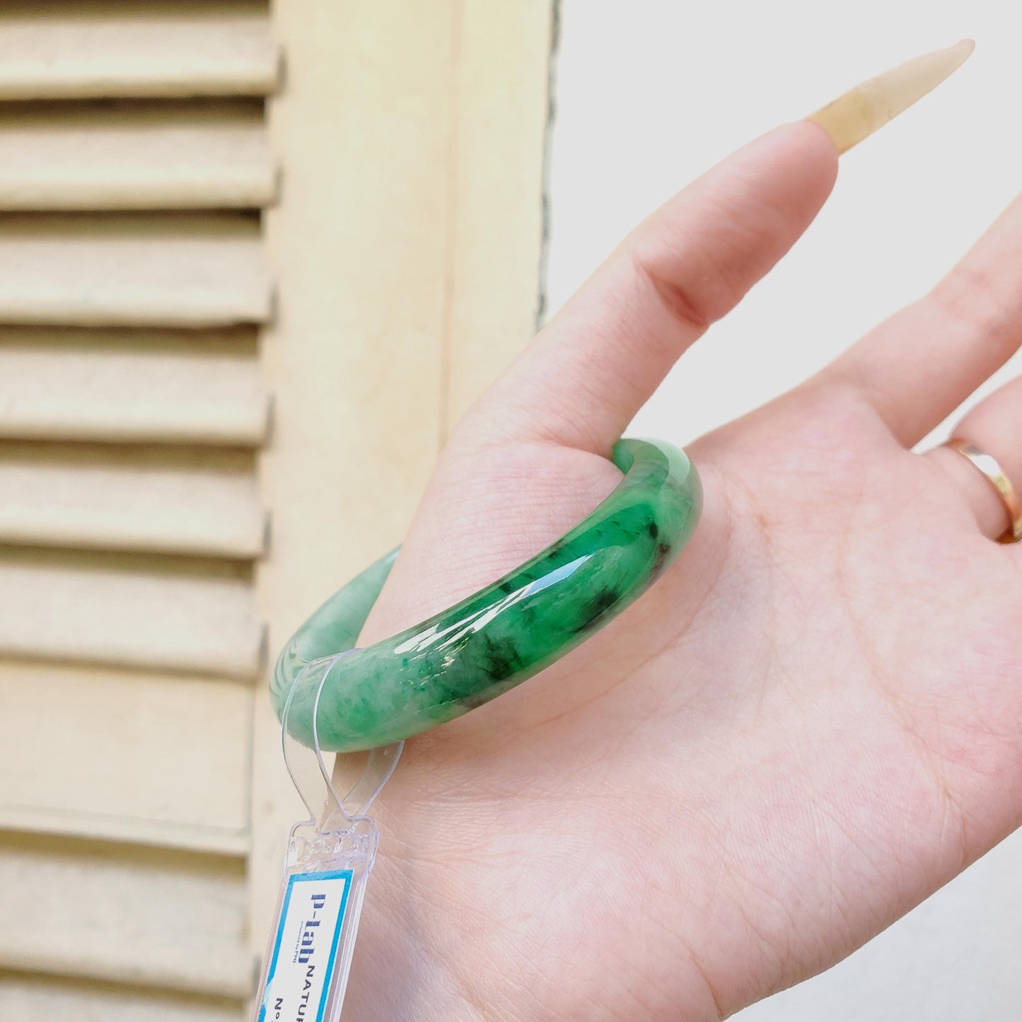 Yingmart 52mm PNJ Certified Natural Color Green White  Natural Jadeite Jade Bangle Bracelet, Real Gemstone Gift for Her Mom Sister Grandma