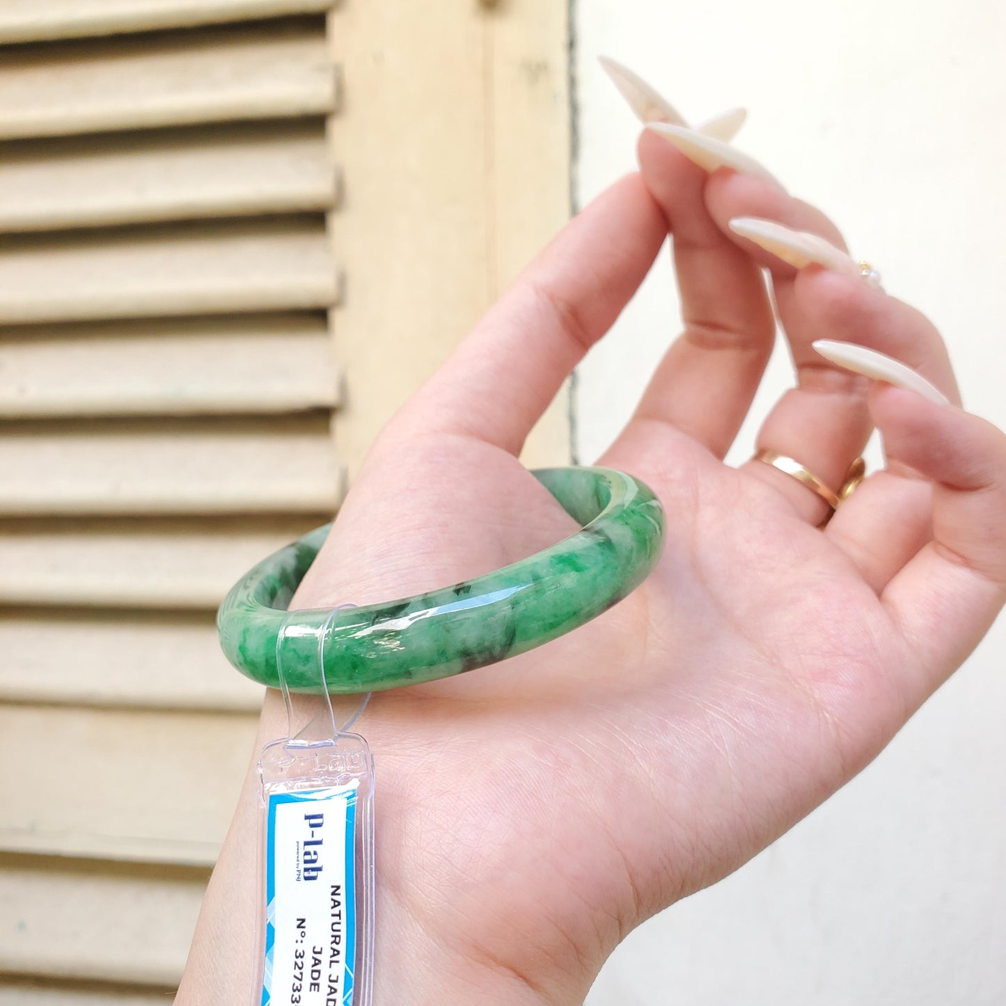 Yingmart 54mm PNJ Certified Natural Color Green White  Natural Jadeite Jade Bangle Bracelet, Real Gemstone Gift for Her Mom Sister Grandma