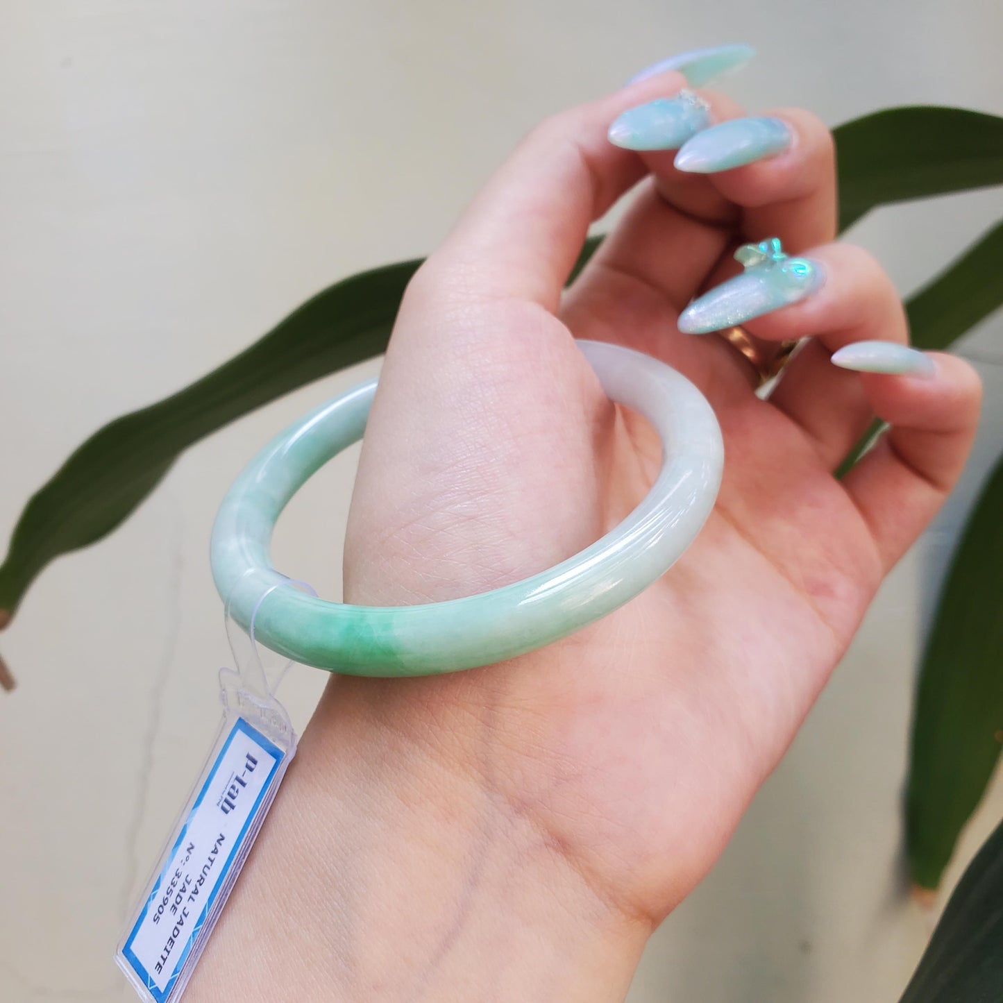 Yingmart 56mm PNJ Certified Natural Color Green White Natural Jadeite Jade Bangle Bracelet, Real Gemstone Gift for Her Mom Sister Grandma