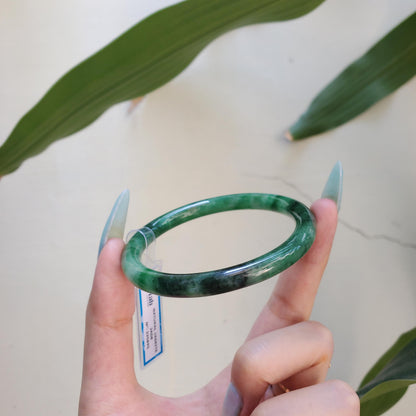 Yingmart 59mm PNJ Certified Natural Color Green Black White Natural Jadeite Jade Bangle Bracelet, Real Gemstone Gift for Mom Sister Grandma