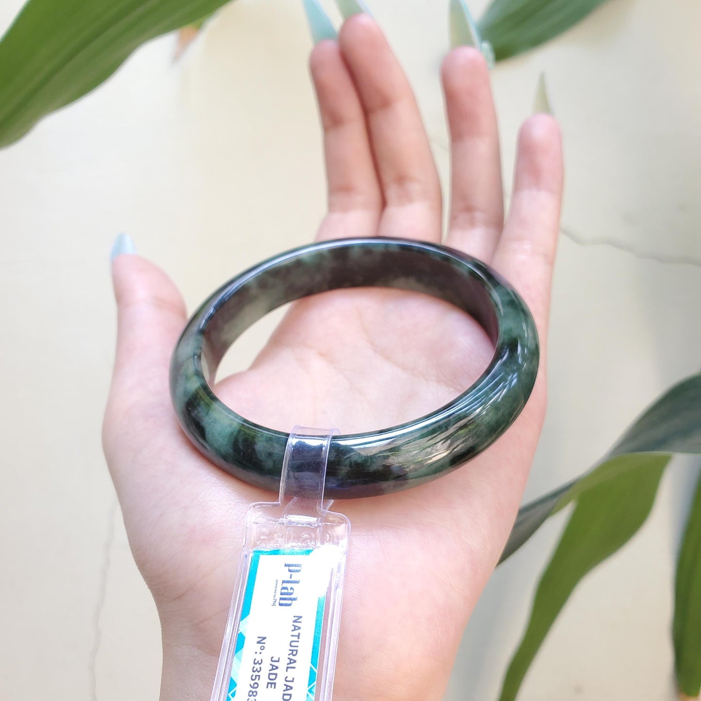 Yingmart 63mm PNJ Certified Natural Color Green Black Natural Jadeite Jade Bangle Bracelet, Real Gemstone Gift for Her Mom Sister Grandma