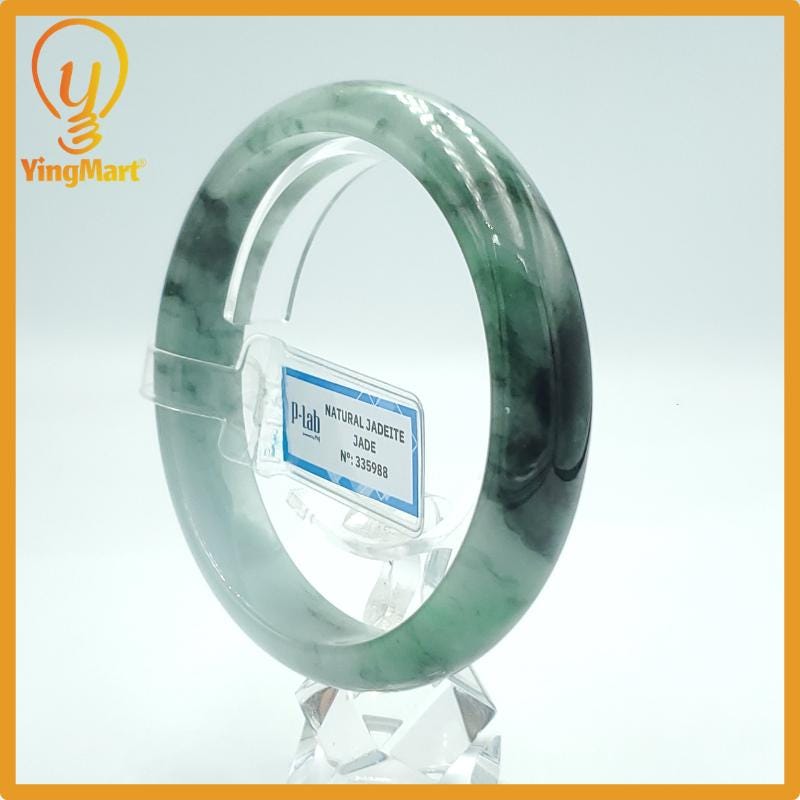 Yingmart 63mm PNJ Certified Natural Color Green White Black Natural Jadeite Jade Bangle Bracelet, Real Gemstone Gift for Mom Sister Grandma