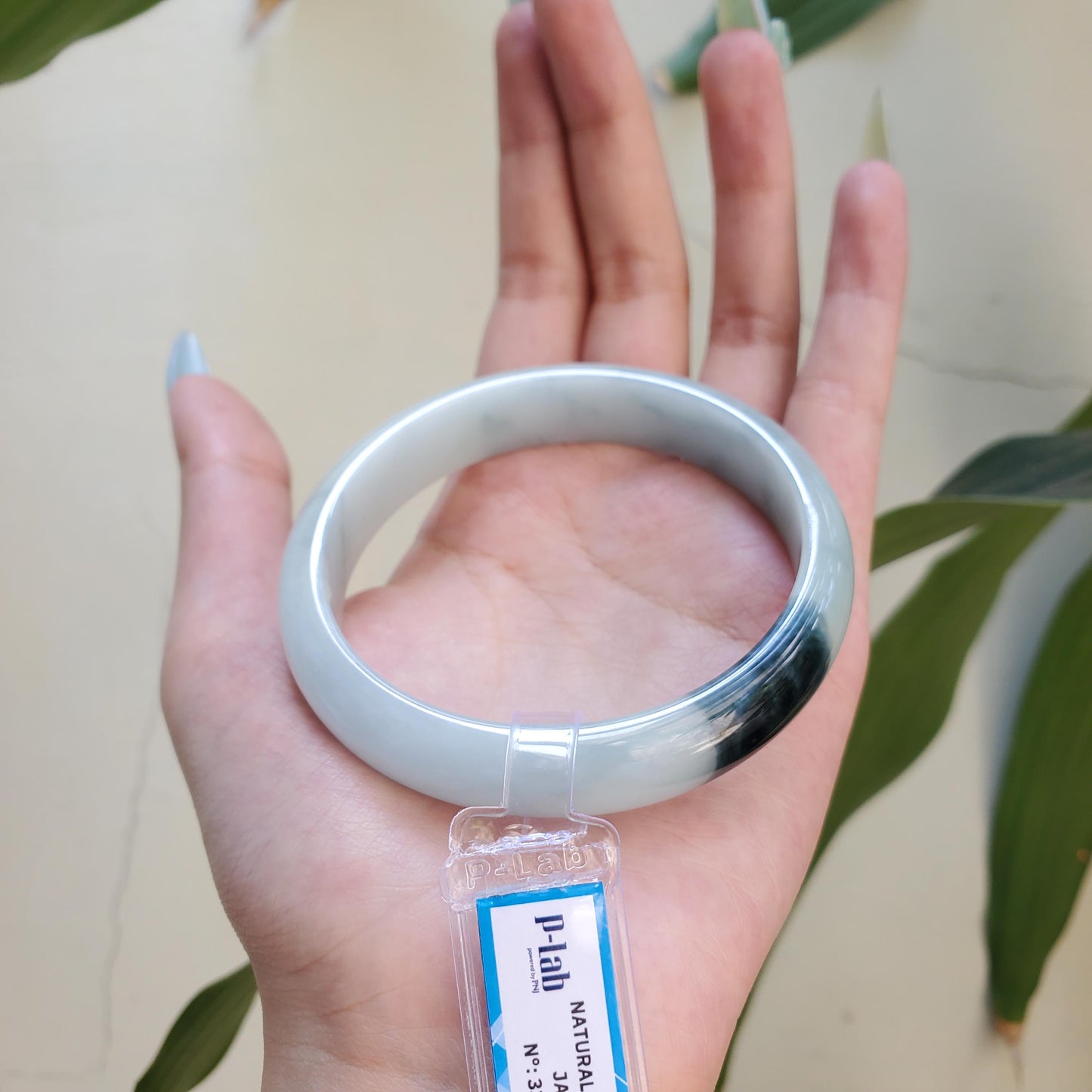 Yingmart 63mm PNJ Certified Natural Color White Light Green Natural Jadeite Jade Bangle Bracelet, Real Gemstone Gift for Mom Sister Grandma