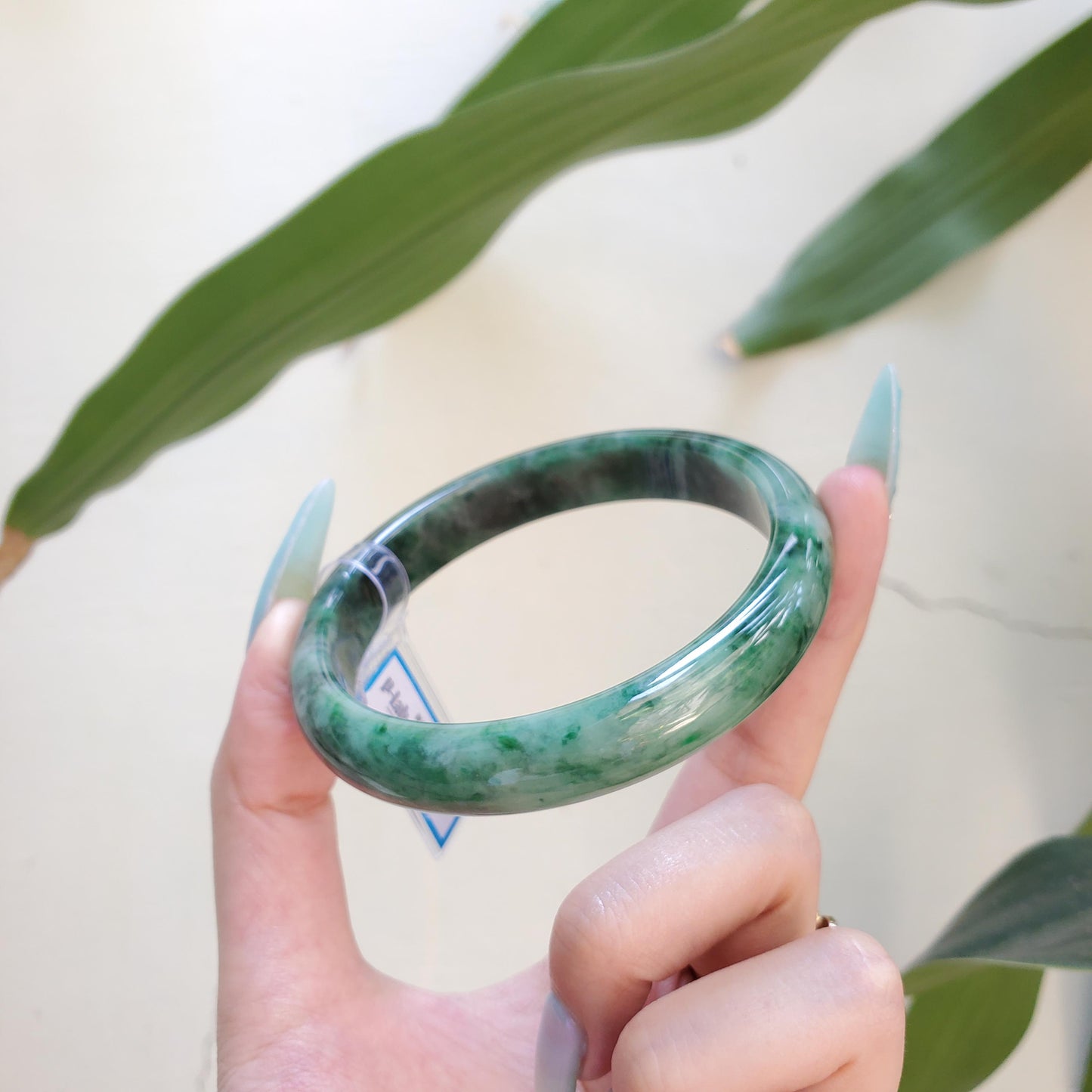 Yingmart 65mm PNJ Certified Natural Color Green White Black Natural Jadeite Jade Bangle Bracelet, Real Gemstone Gift for Mom Sister Grandma