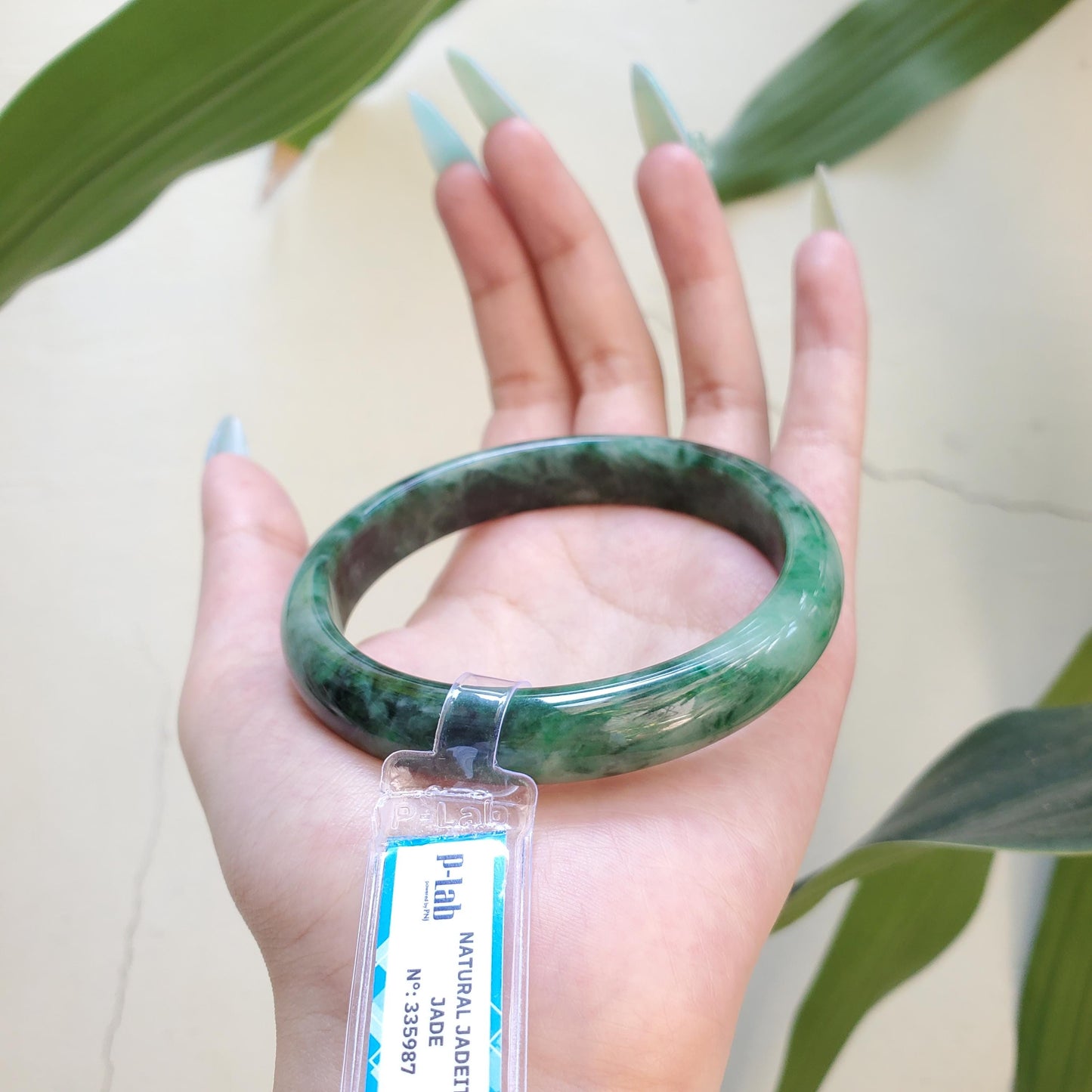 Yingmart 65mm PNJ Certified Natural Color Green White Black Natural Jadeite Jade Bangle Bracelet, Real Gemstone Gift for Mom Sister Grandma