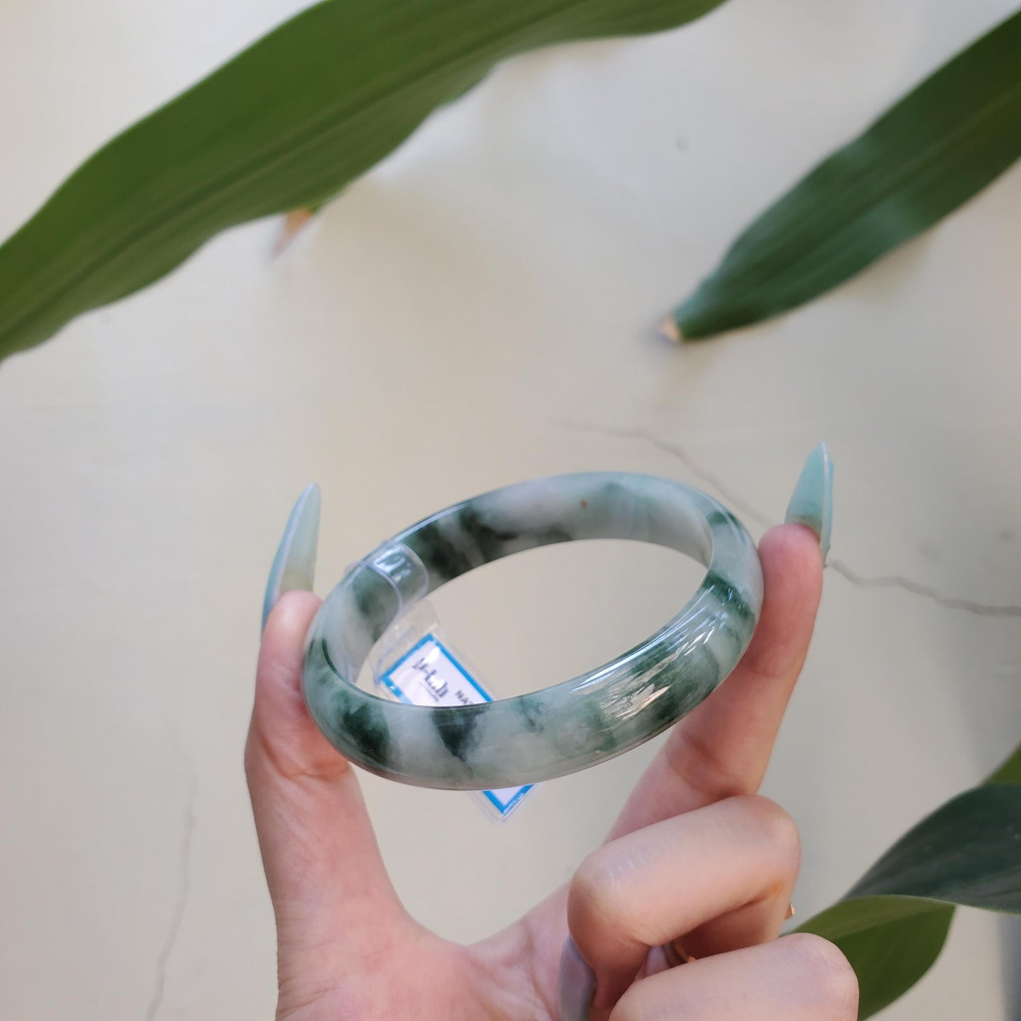 Yingmart 63mm PNJ Certified Natural Color White Grey Green Natural Jadeite Jade Bangle Bracelet, Real Gemstone Gift for Mom Sister Grandma